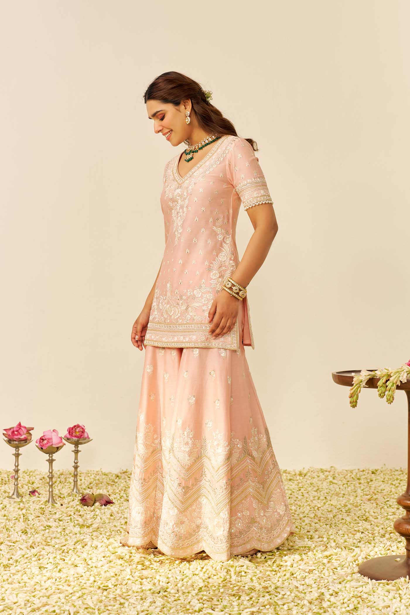 SAMEEHA - Off Rose SHORT KURTA WITH SHARARA - Image 5
