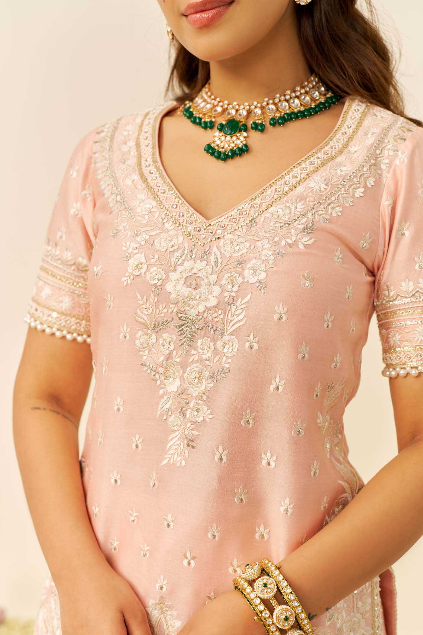 SAMEEHA - Off Rose SHORT KURTA WITH SHARARA - Image 6
