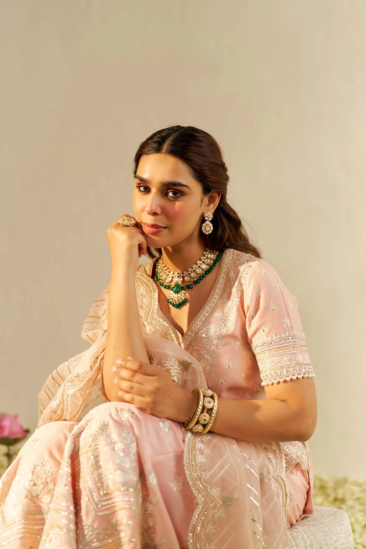 SAMEEHA - Off Rose SHORT KURTA WITH SHARARA - Image 7
