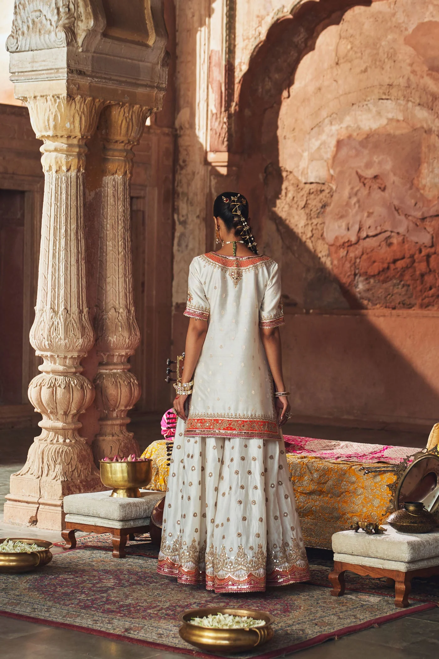 SAMREEN - DAISY IVORY SHORT KURTA WITH SHARARA AND DUPATTA (Lxrts) - Image 12