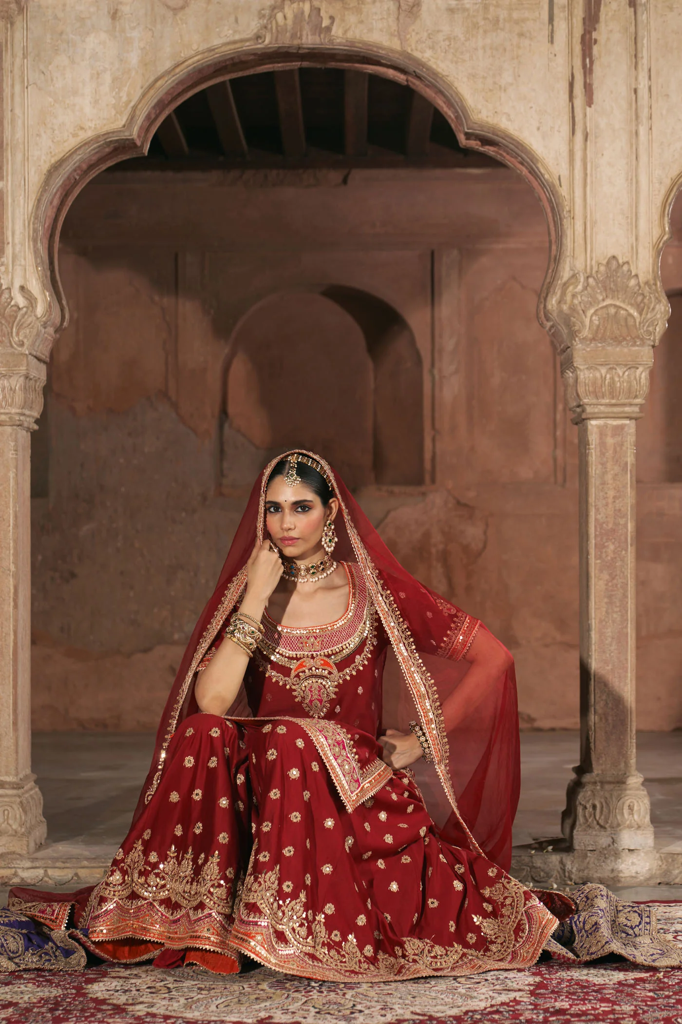 SAMREEN - DEEP RED SHORT KURTA WITH SHARARA AND DUPATTA - Image 2