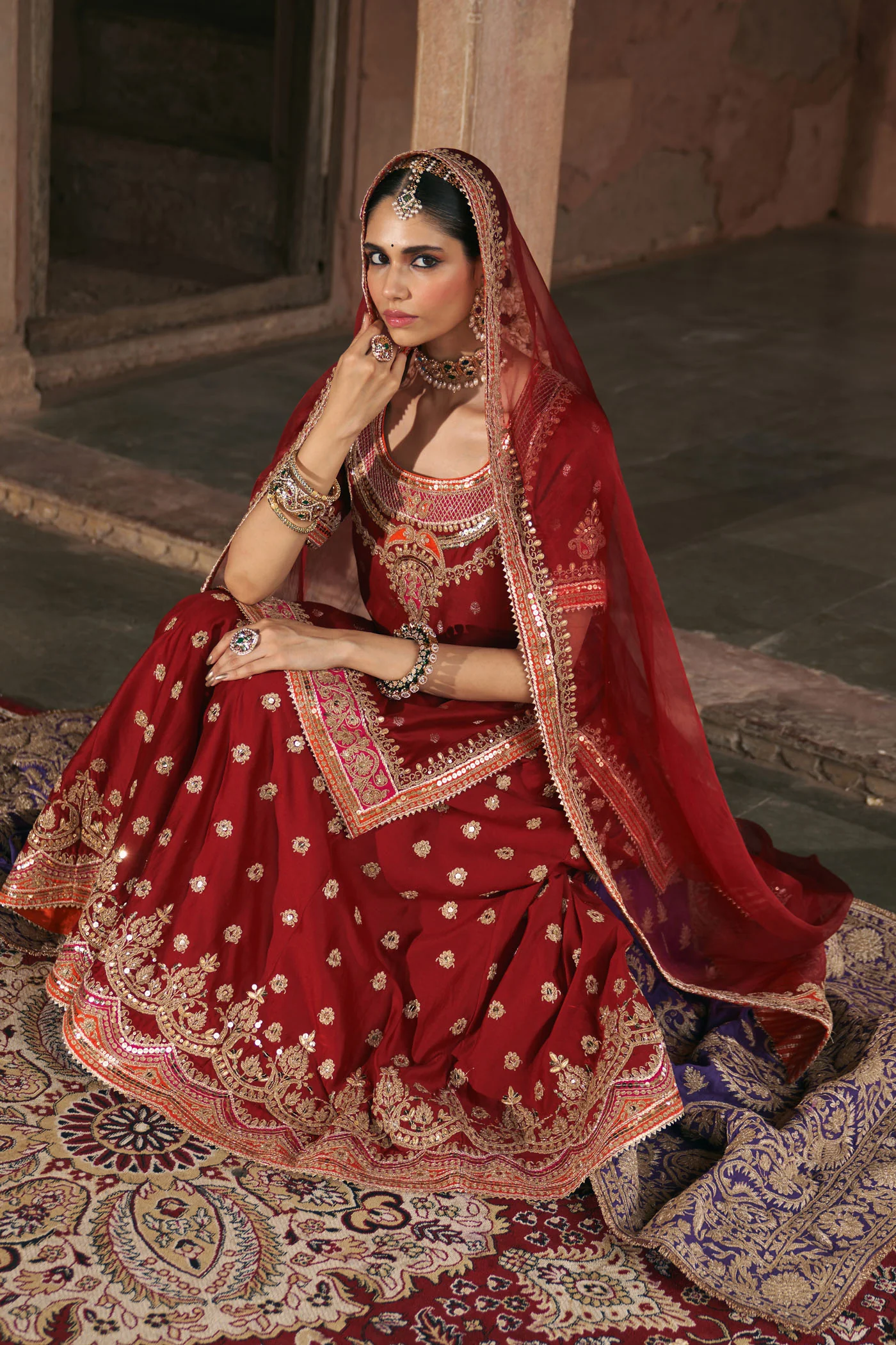 SAMREEN - DEEP RED SHORT KURTA WITH SHARARA AND DUPATTA - Image 5