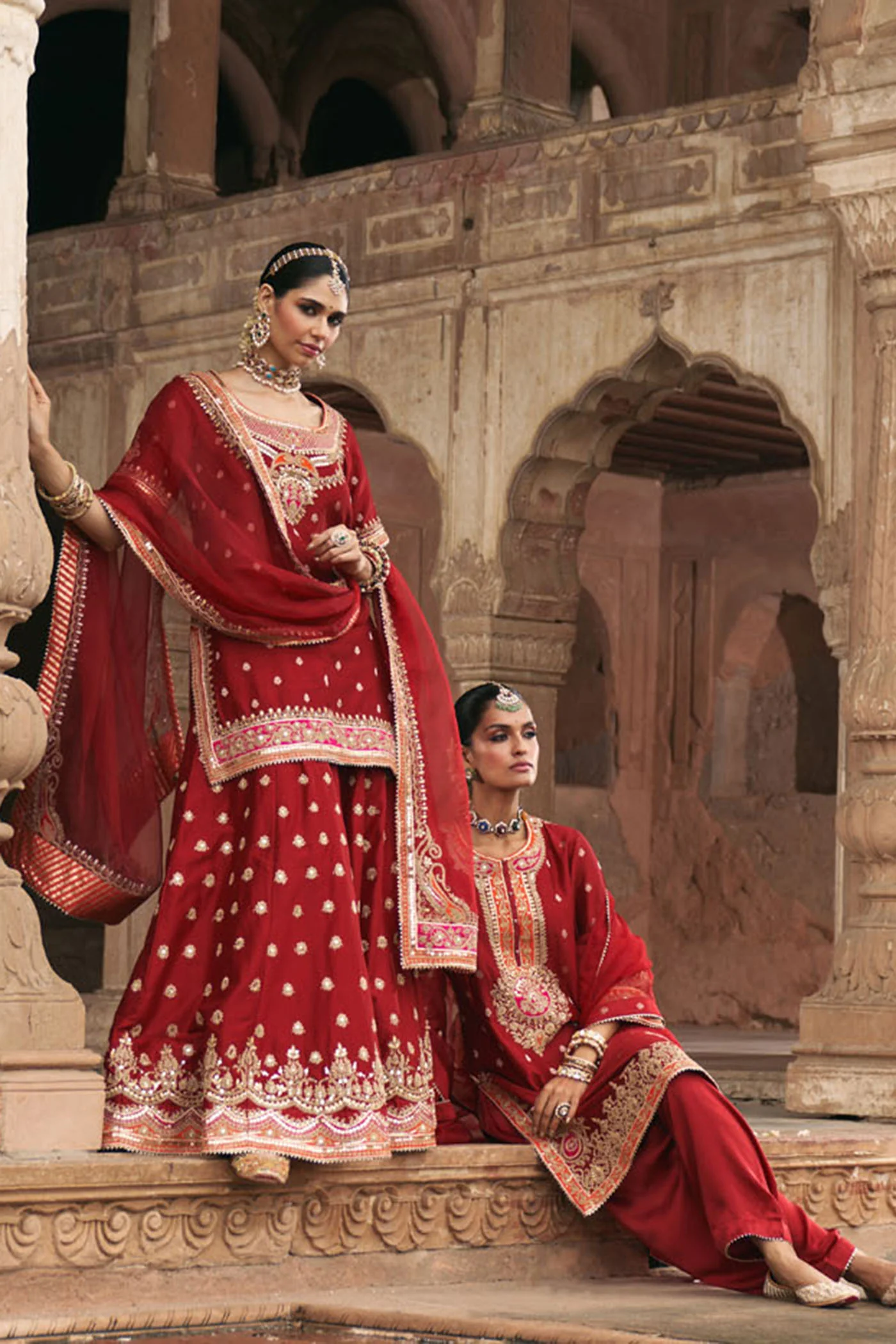 SAMREEN - DEEP RED SHORT KURTA WITH SHARARA AND DUPATTA - Image 6