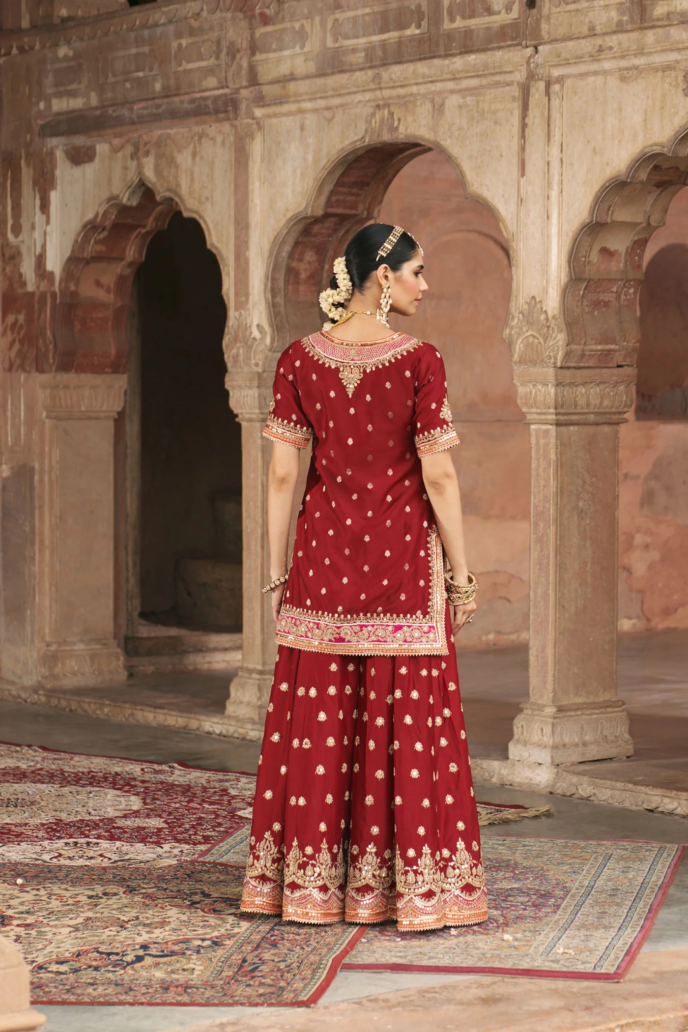 SAMREEN - DEEP RED SHORT KURTA WITH SHARARA AND DUPATTA - Image 7