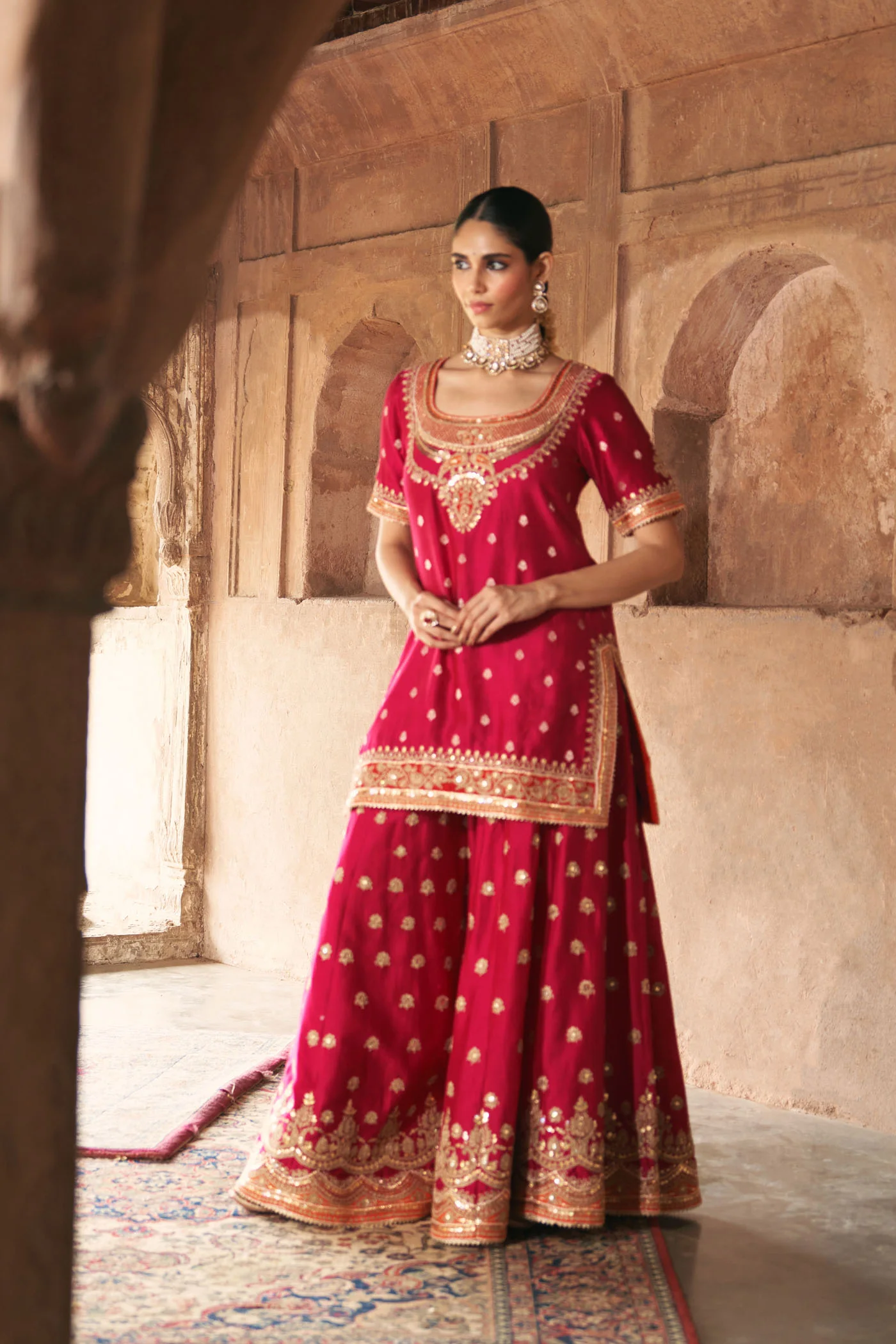 SAMREEN - Rani Hotpink SHORT KURTA WITH SHARARA AND DUPATTA - Image 2