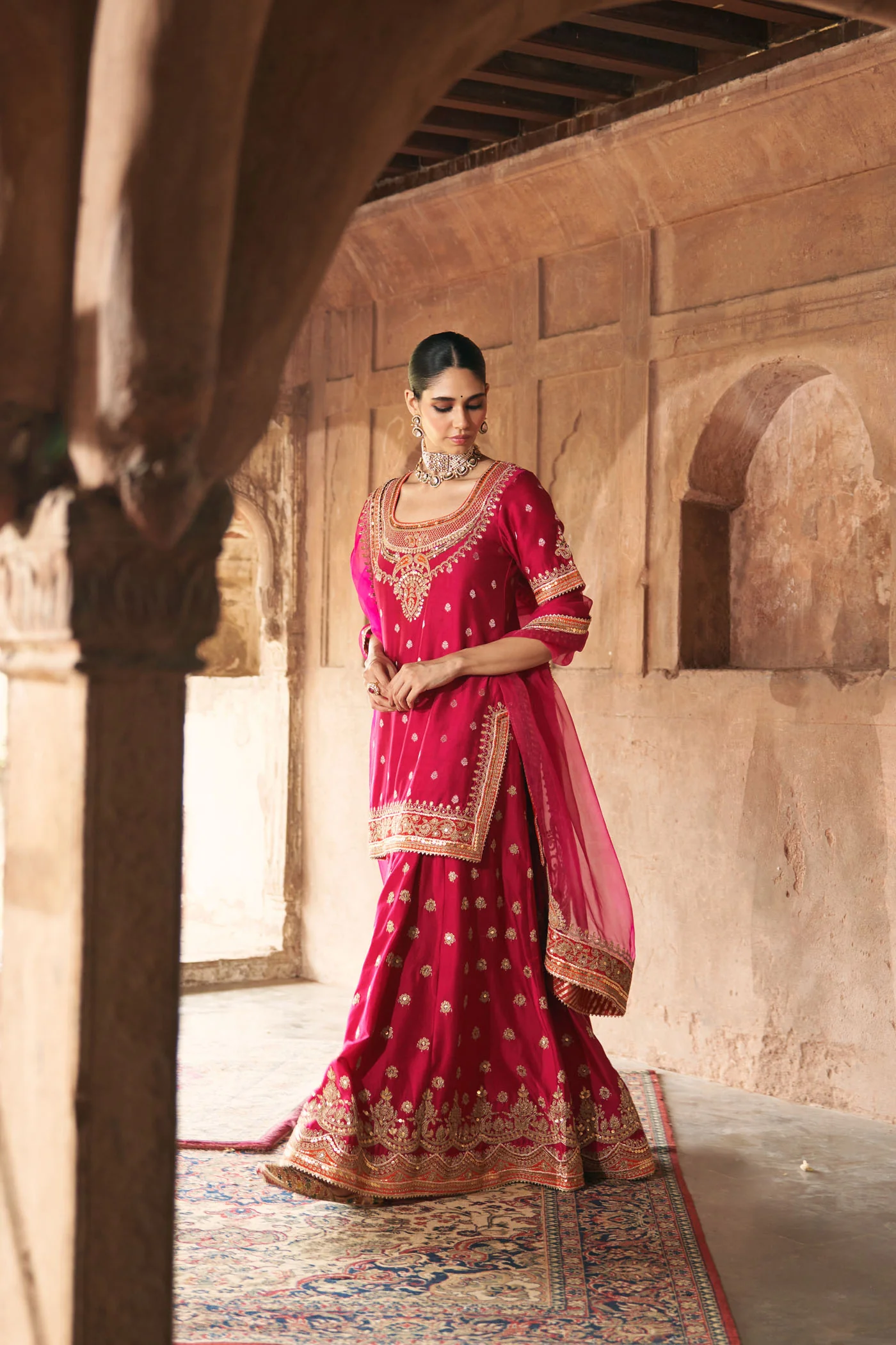 SAMREEN - Rani Hotpink SHORT KURTA WITH SHARARA AND DUPATTA - Image 4