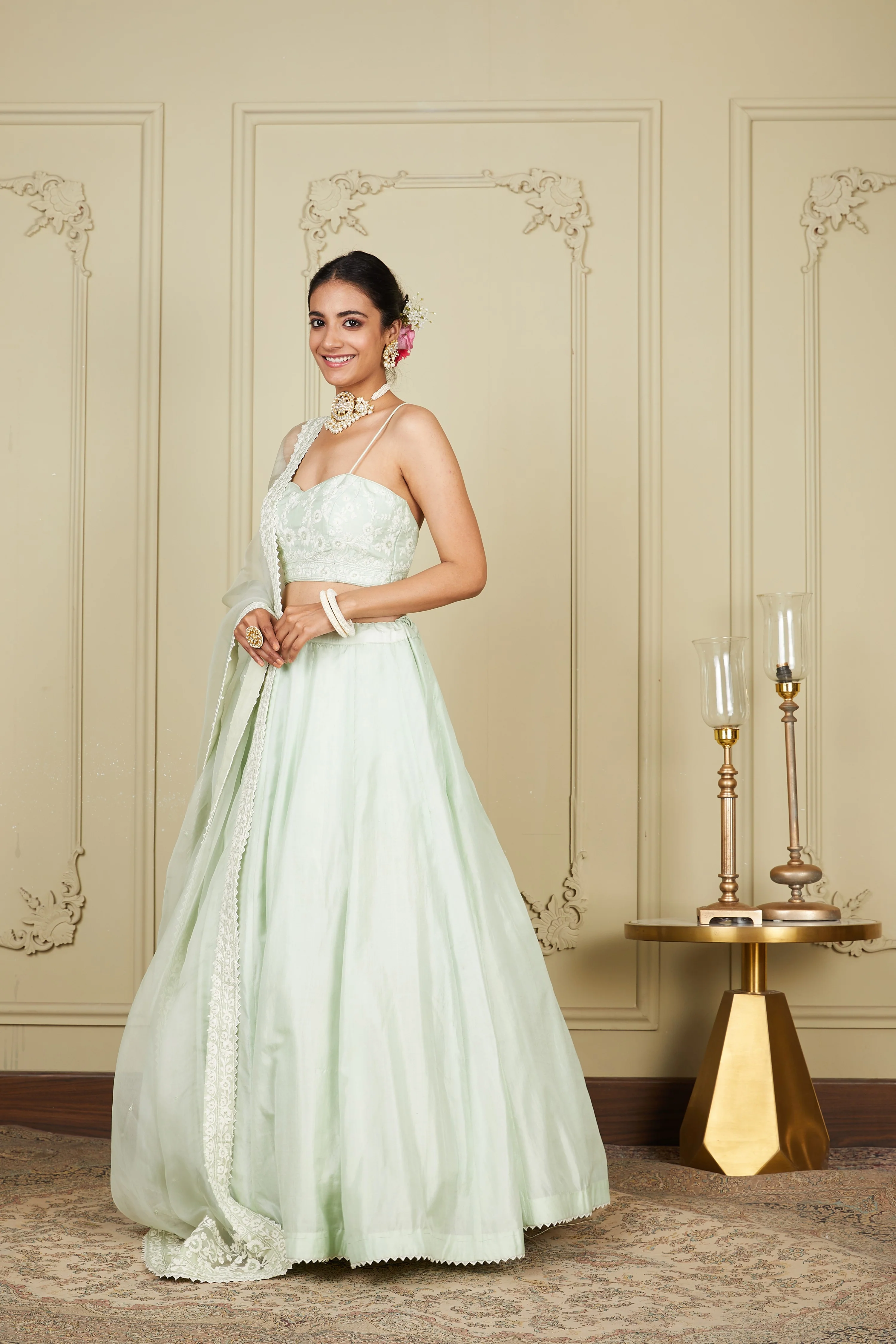 Sanaira - Frosty Green Lehenga with blouse and dupatta - Image 6