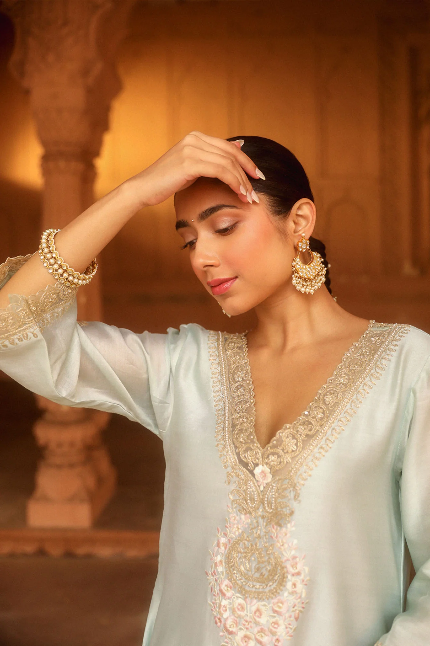Sanvi - Misty Green Long Choga with Salwar - Image 3