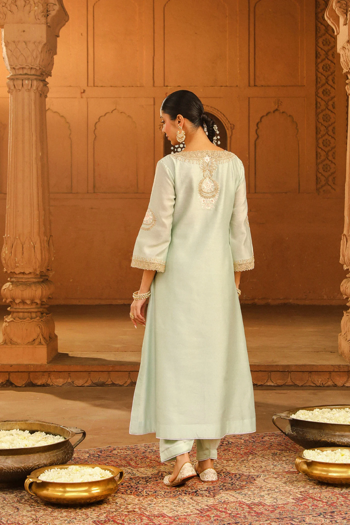 Sanvi - Misty Green Long Choga with Salwar - Image 4