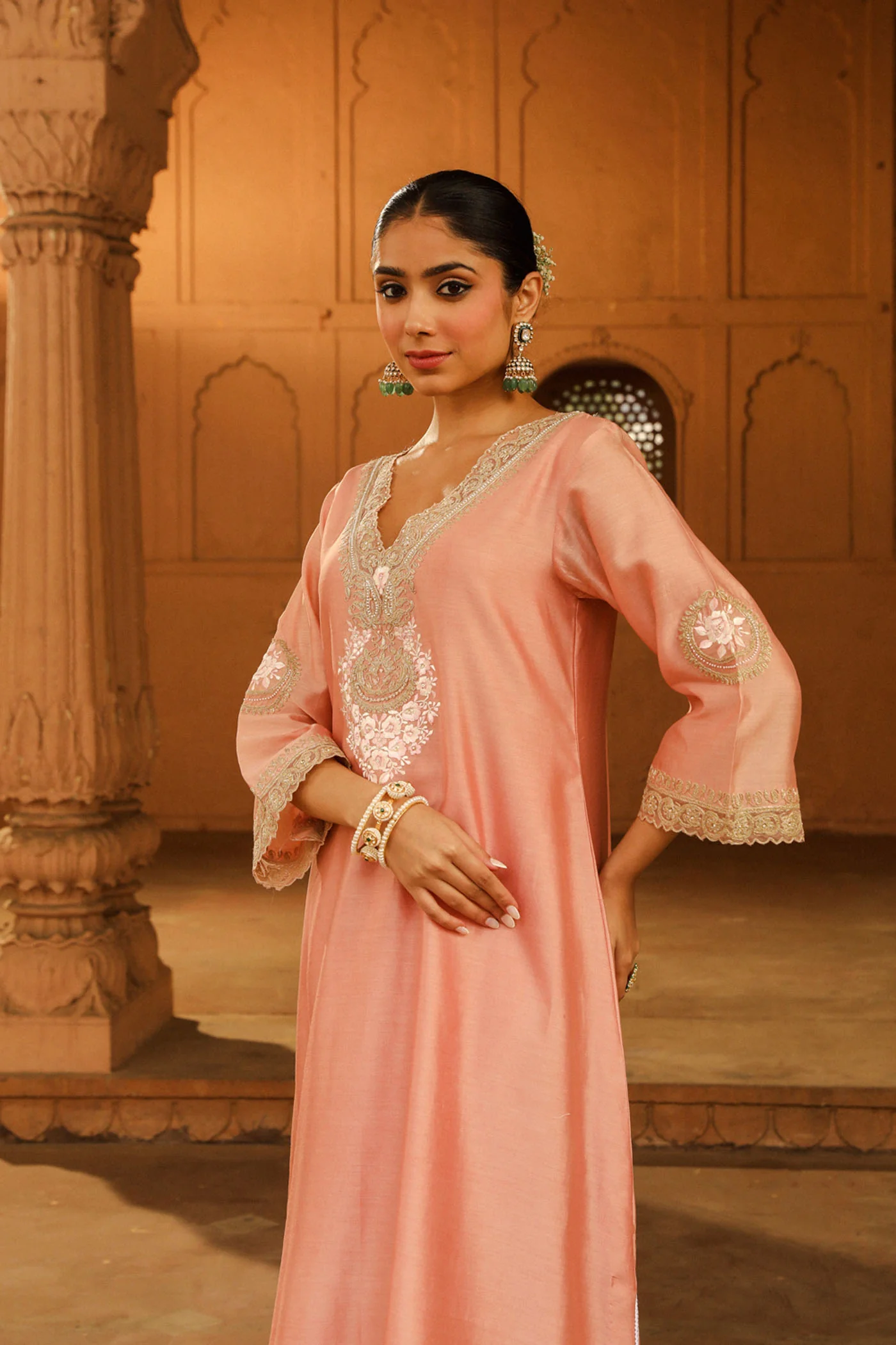 Sanvi - Off Rose Long Choga with Salwar - Image 2