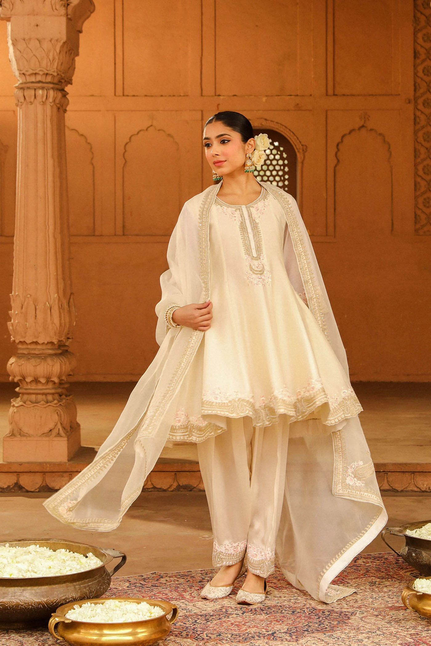 Faria - Daisy Ivory Short Anarkali with Chooridaar and Dupatta - Image 9