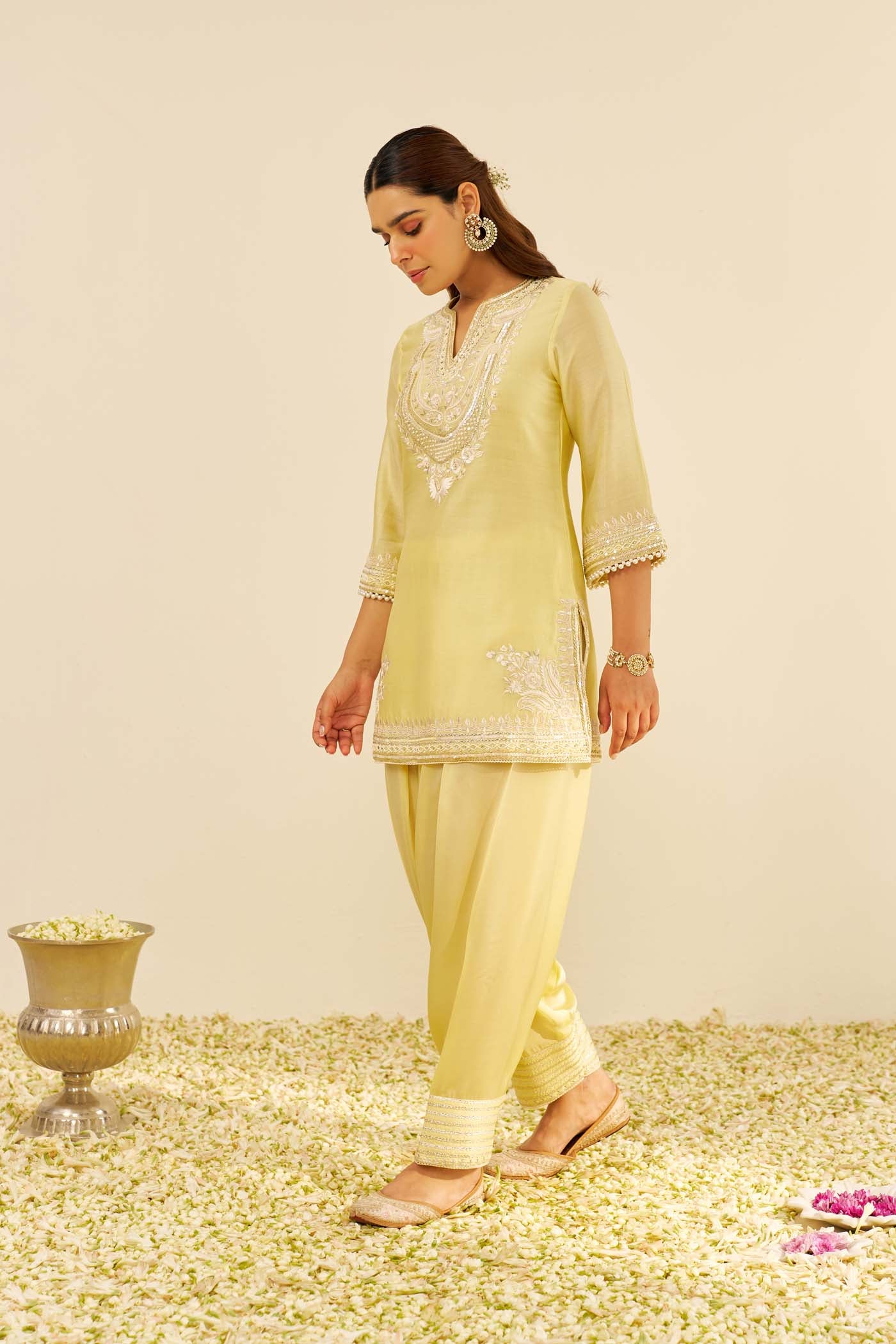 SARA - Lemon Yellow SHORT KURTA WITH  SALWAR - Image 3