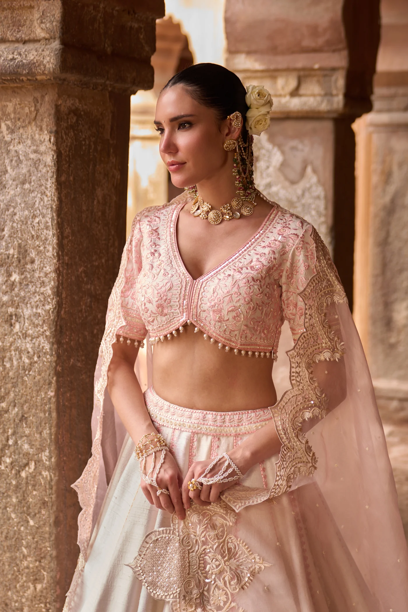 SAYEEDA - DAISY IVORY WITH PINK EMBROIDERED LEHENGA (LXRTS) - Image 2