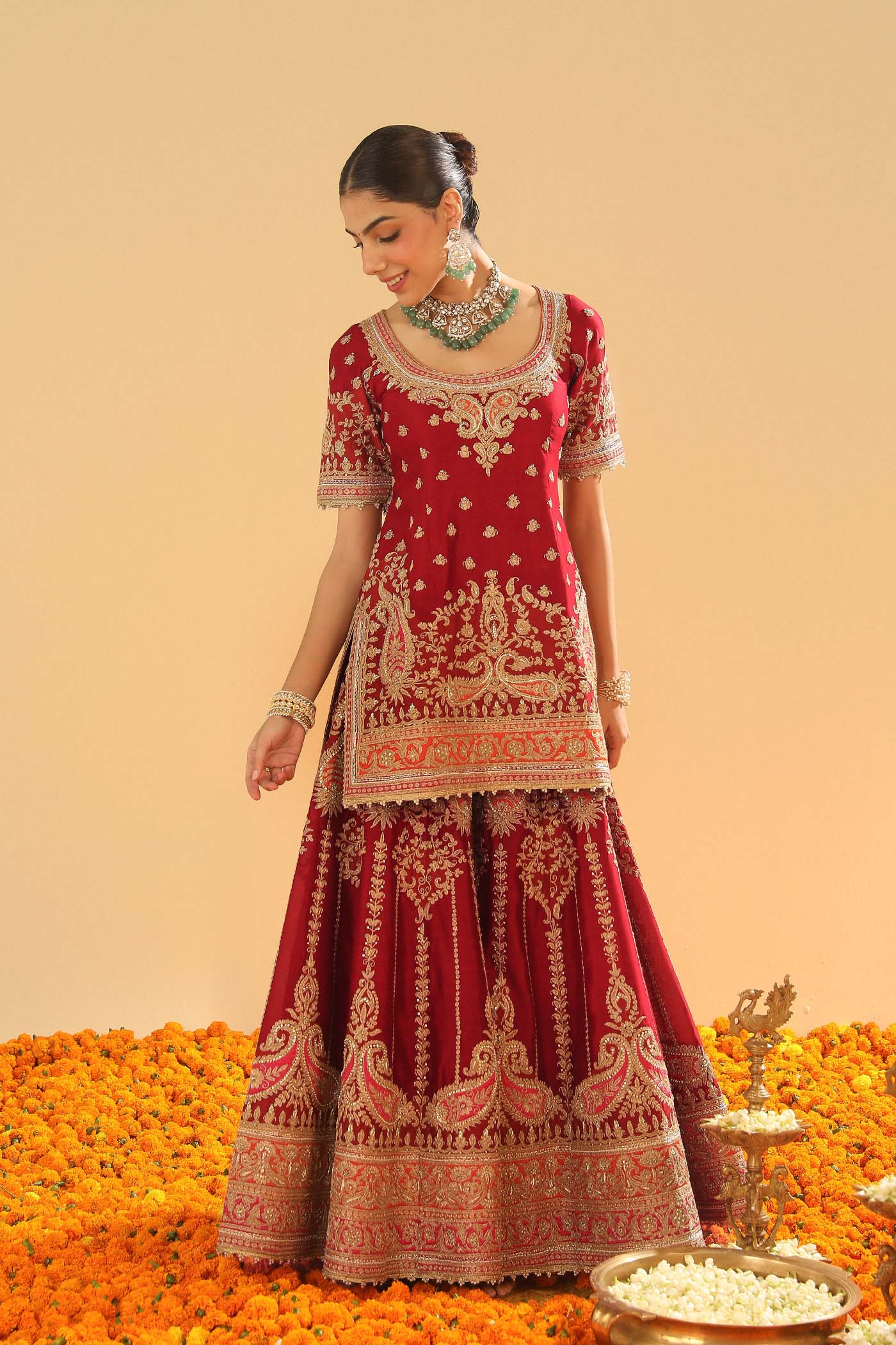 Sehrish - Deep Red Short Kurta with Sharara - Image 4