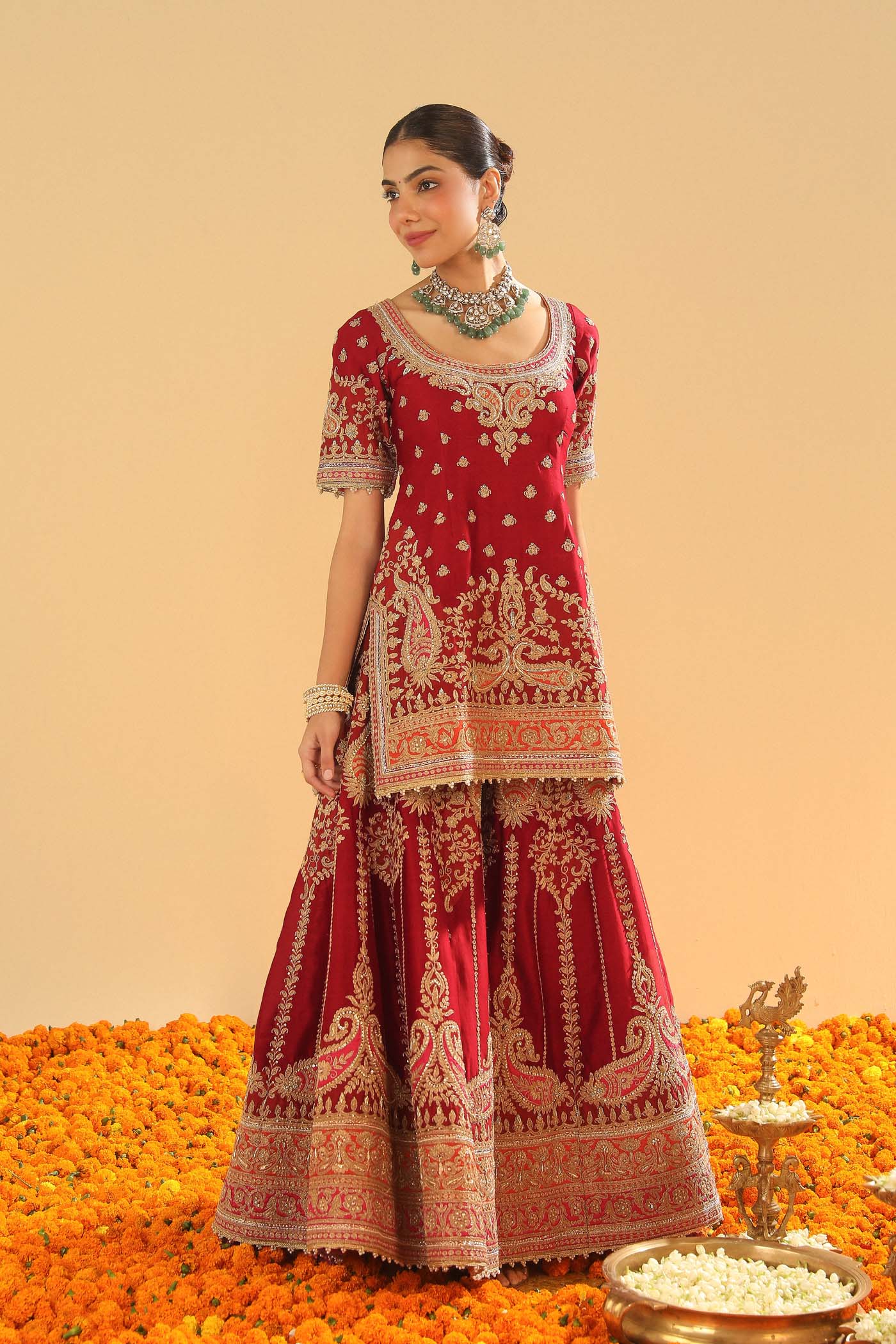Sehrish - Deep Red Short Kurta with Sharara - Image 5