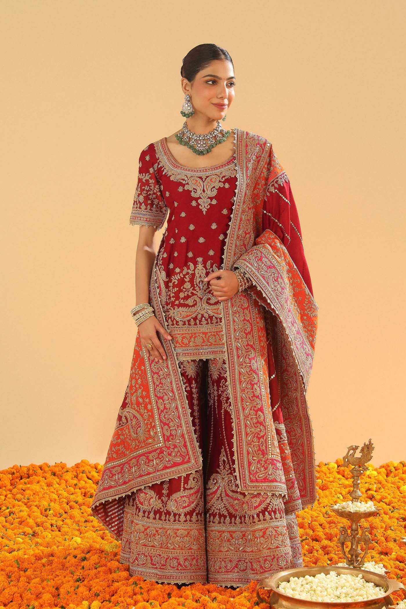 Sehrish - Deep Red Short Kurta with Sharara - Image 6