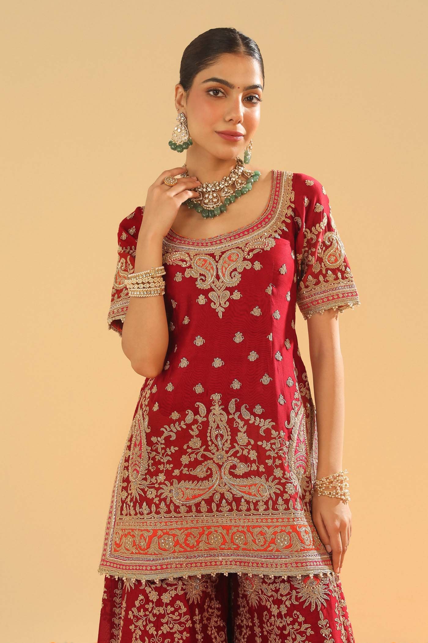 Sehrish - Deep Red Short Kurta with Sharara - Image 8