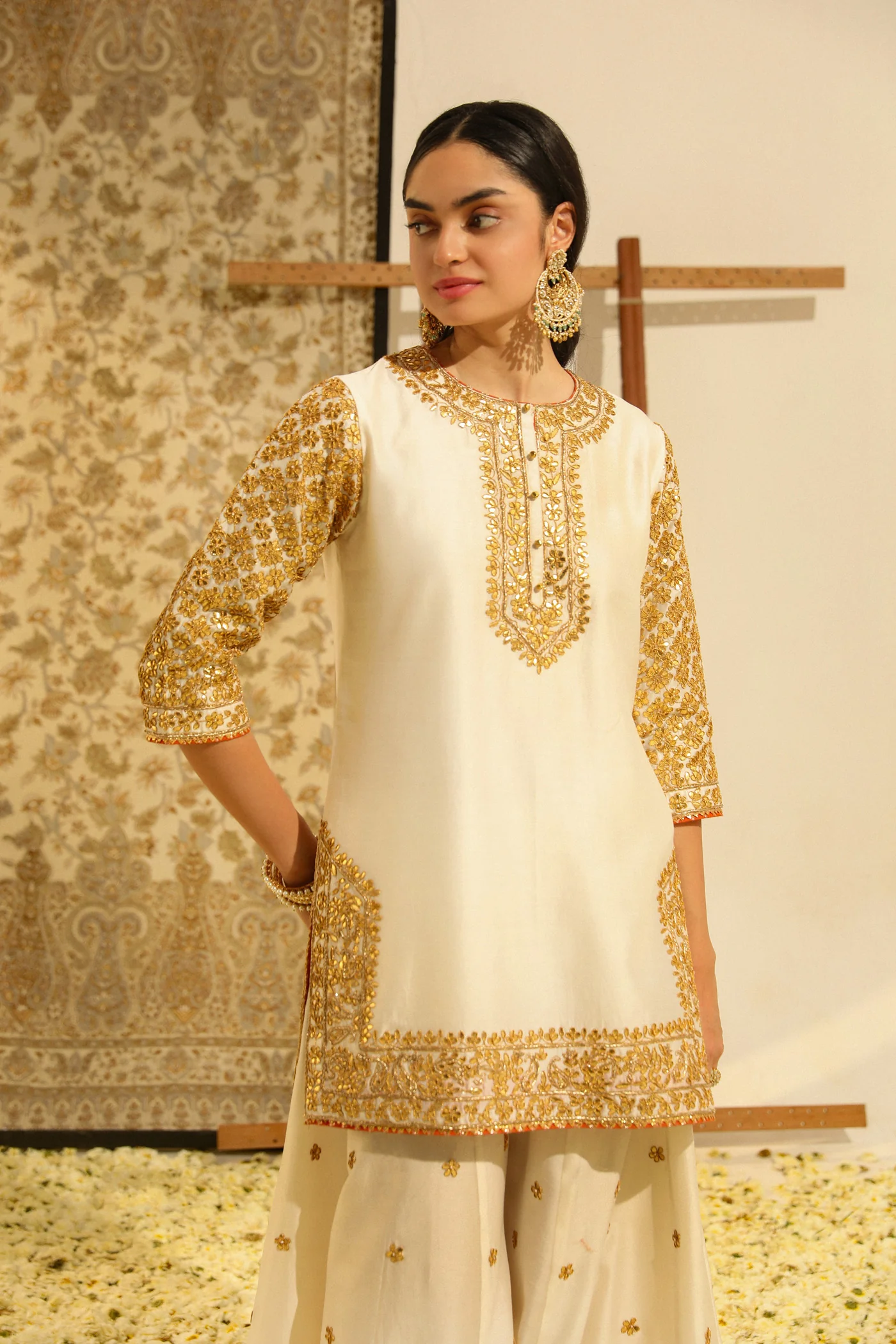 Shadaab - Daisy Ivory Hand Embroidered Kurta with Sharara and Odhni - Image 3