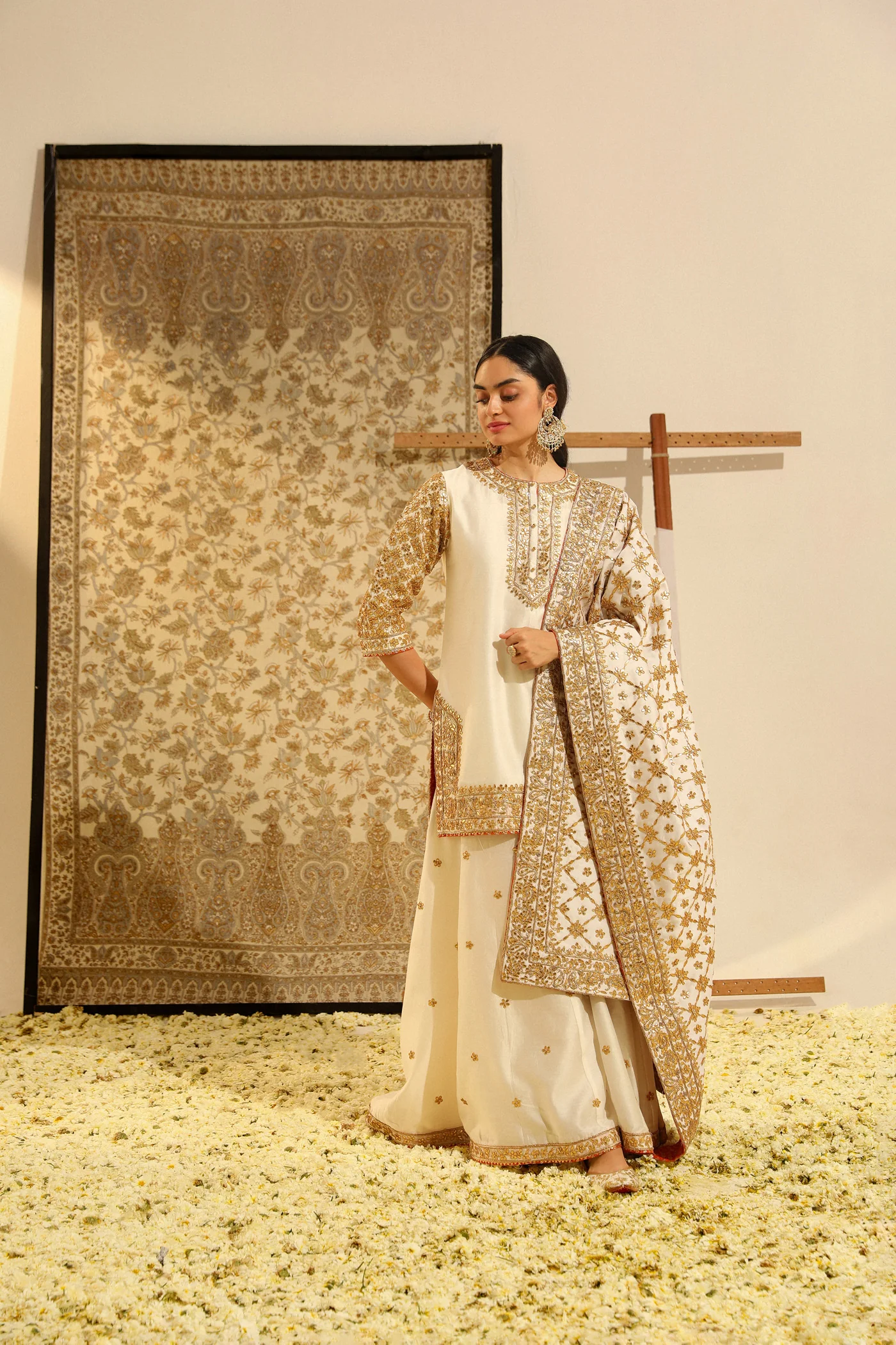 Shadaab - Daisy Ivory Hand Embroidered Kurta with Sharara and Odhni - Image 4