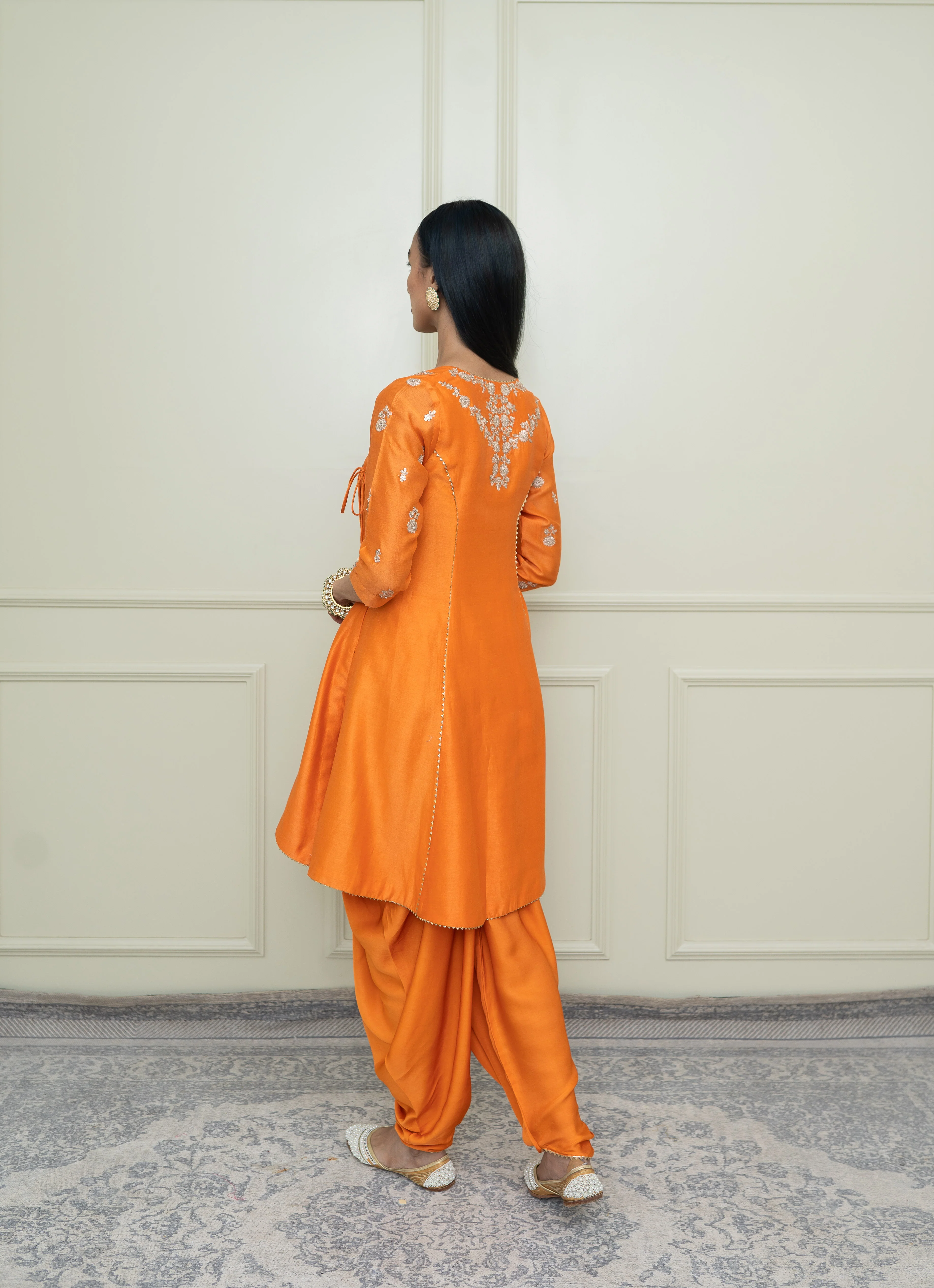 Shafira- Pumpkin Burnt Orange Tilla Embroidered Angrakha Kurta Set - Image 3