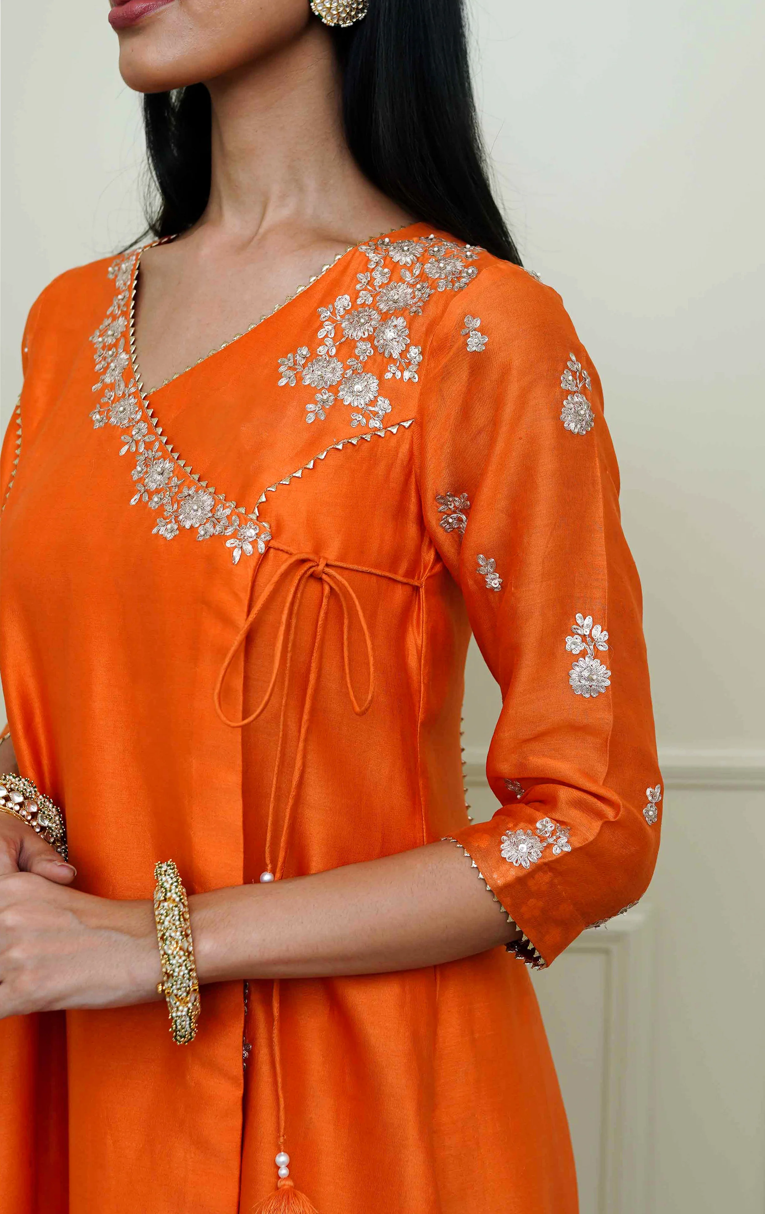 Shafira- Pumpkin Burnt Orange Tilla Embroidered Angrakha Kurta Set - Image 4