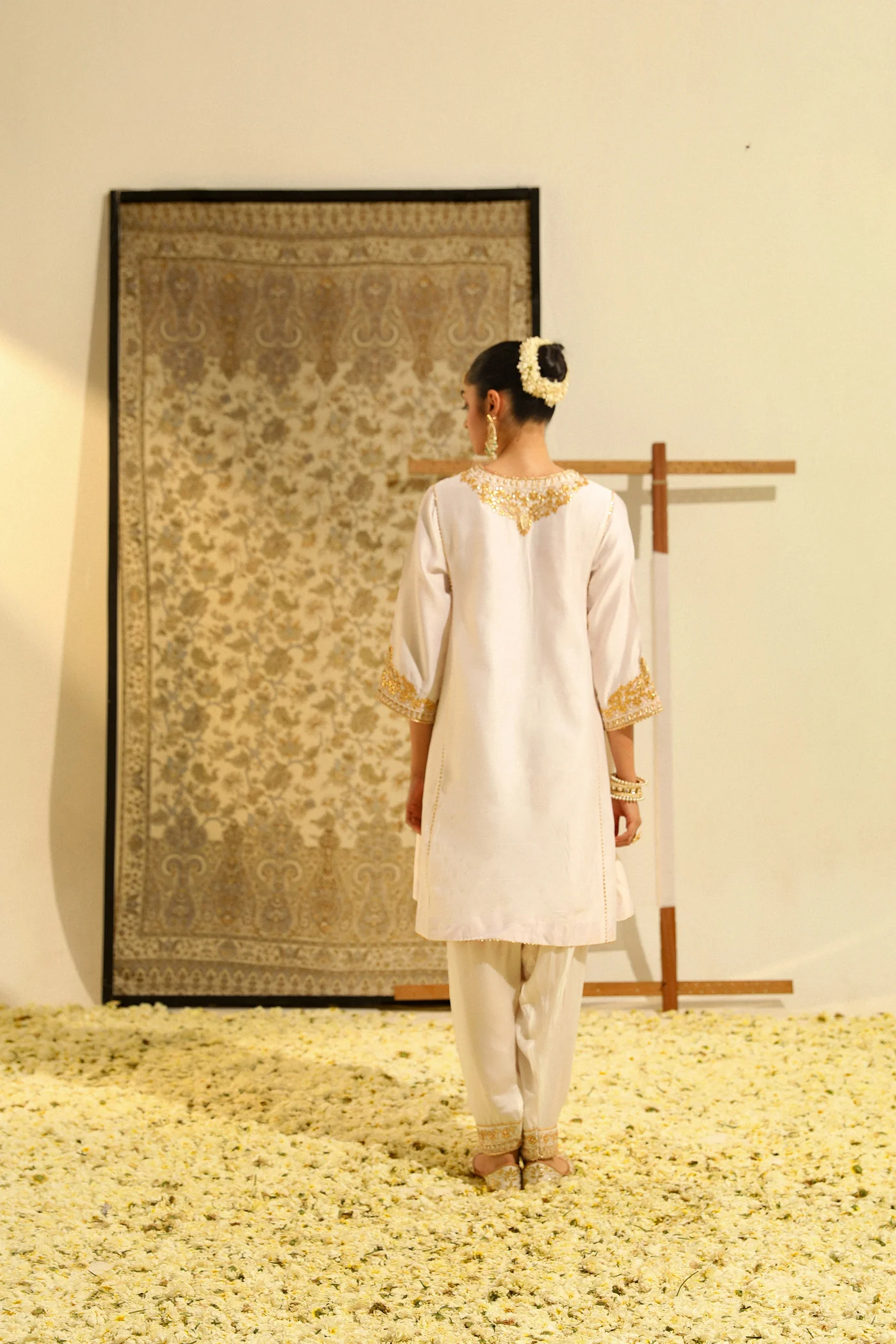 Shaheen - Daisy Ivory Hand Embroidered Short Choga with Salwar - Image 3