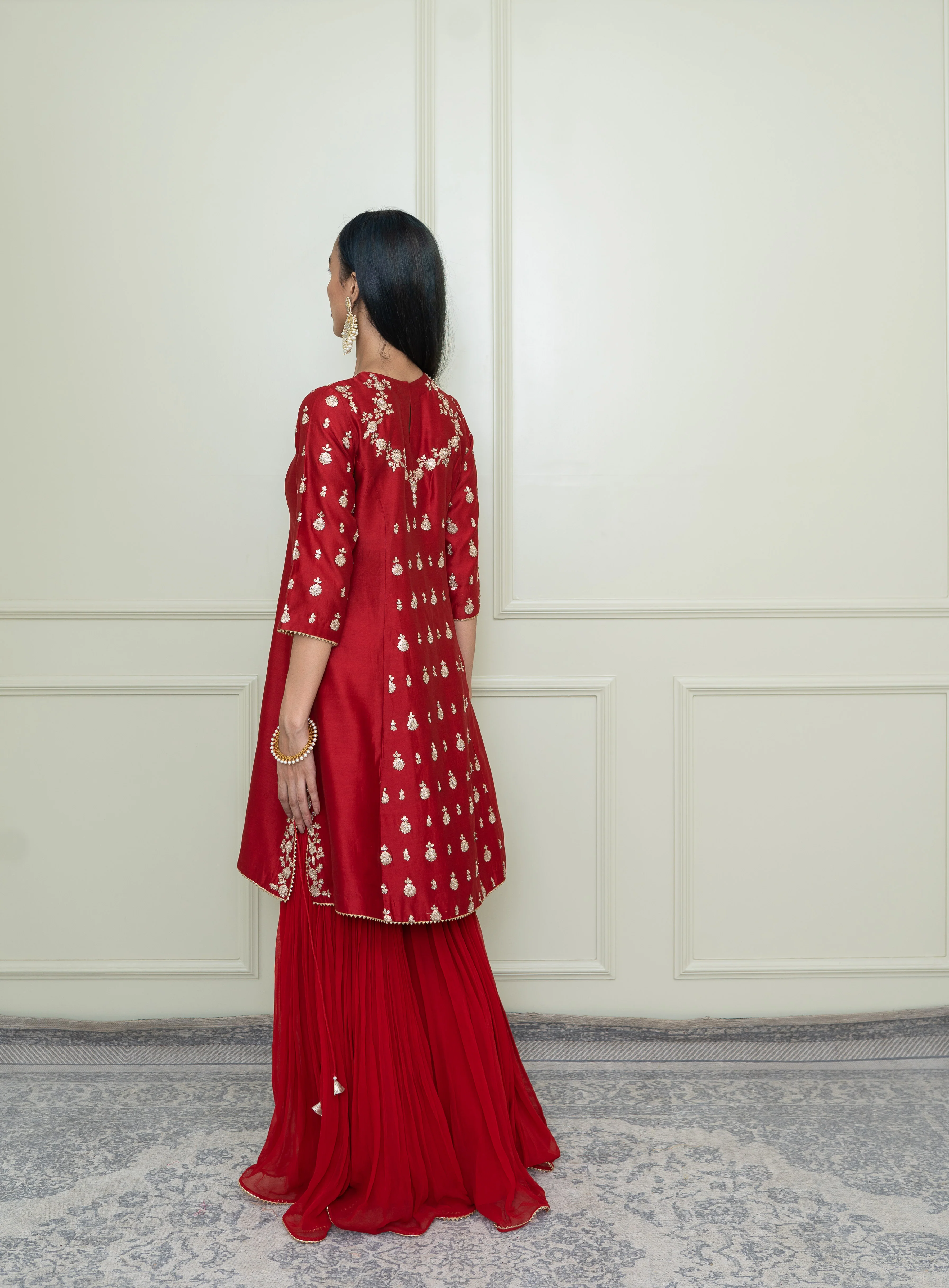 Shahira- Scarlet Red Georgette Gharara Set - Image 3