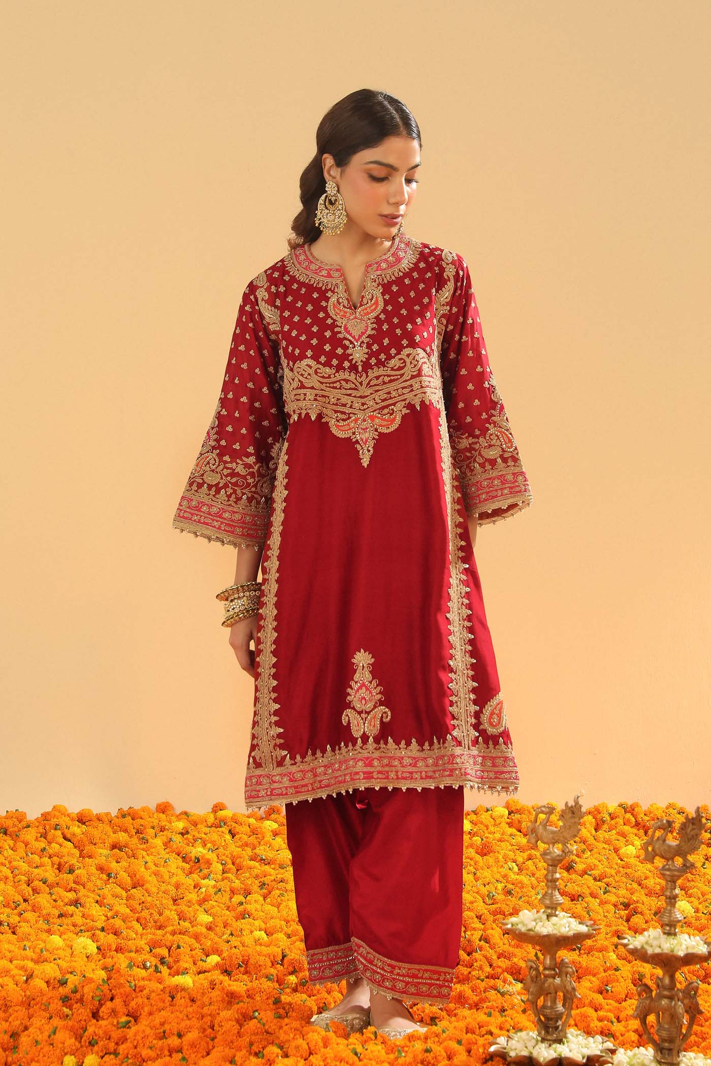 Shahzain - Deep Red Knee Length Kalidaar Chauga with Salwar (Lxrts) - Image 3