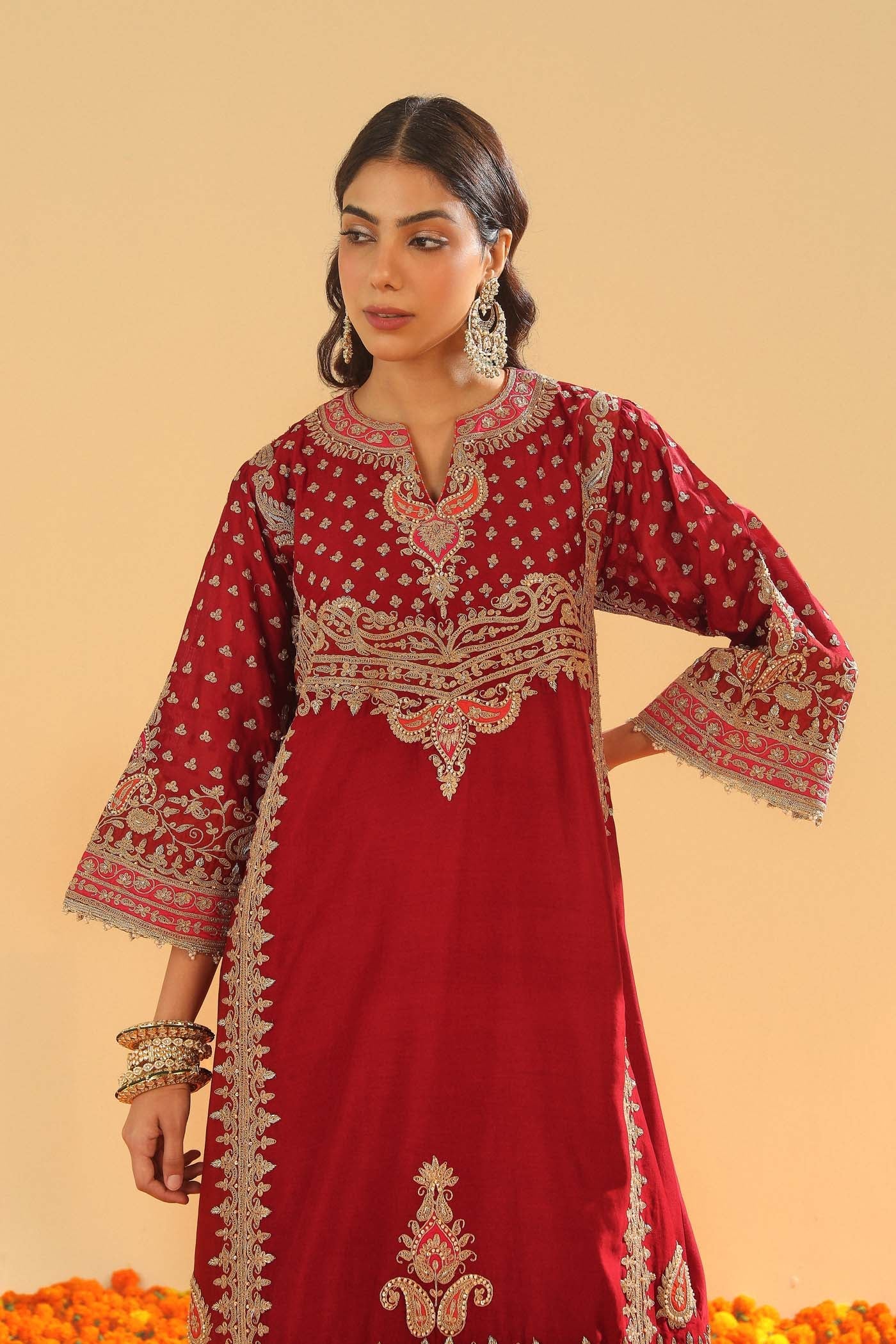 Shahzain - Deep Red Knee Length Kalidaar Chauga with Salwar (Lxrts) - Image 5