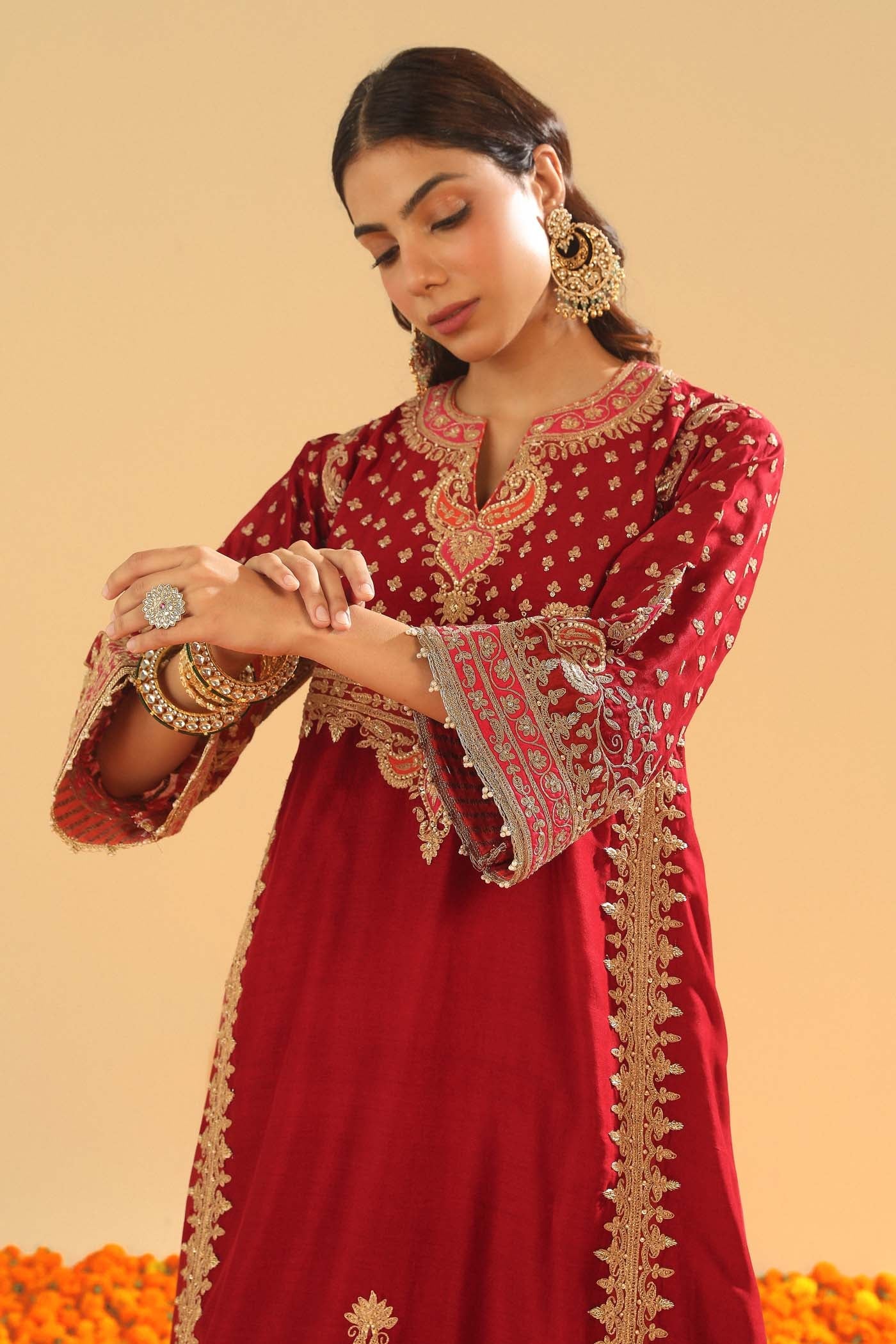 Shahzain - Deep Red Knee Length Kalidaar Chauga with Salwar (Lxrts) - Image 6