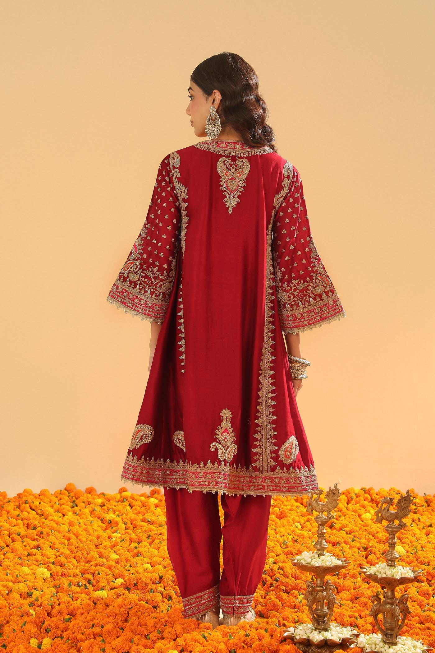 Shahzain - Deep Red Knee Length Kalidaar Chauga with Salwar (Lxrts) - Image 7