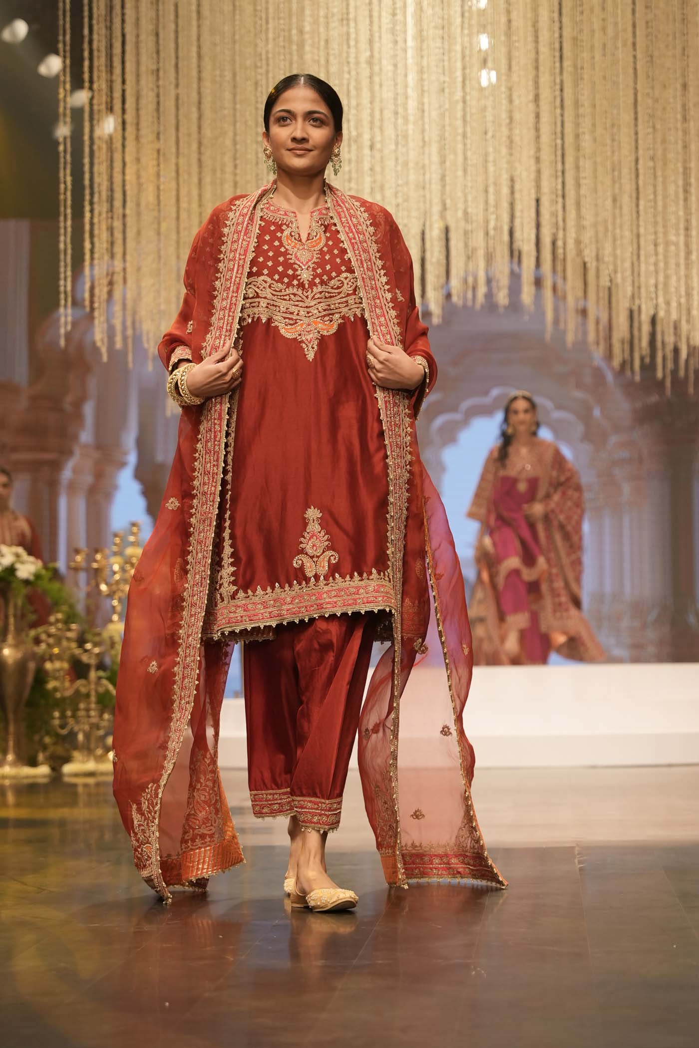 Shahzain - Deep Red Knee Length Kalidaar Chauga with Salwar - Image 2