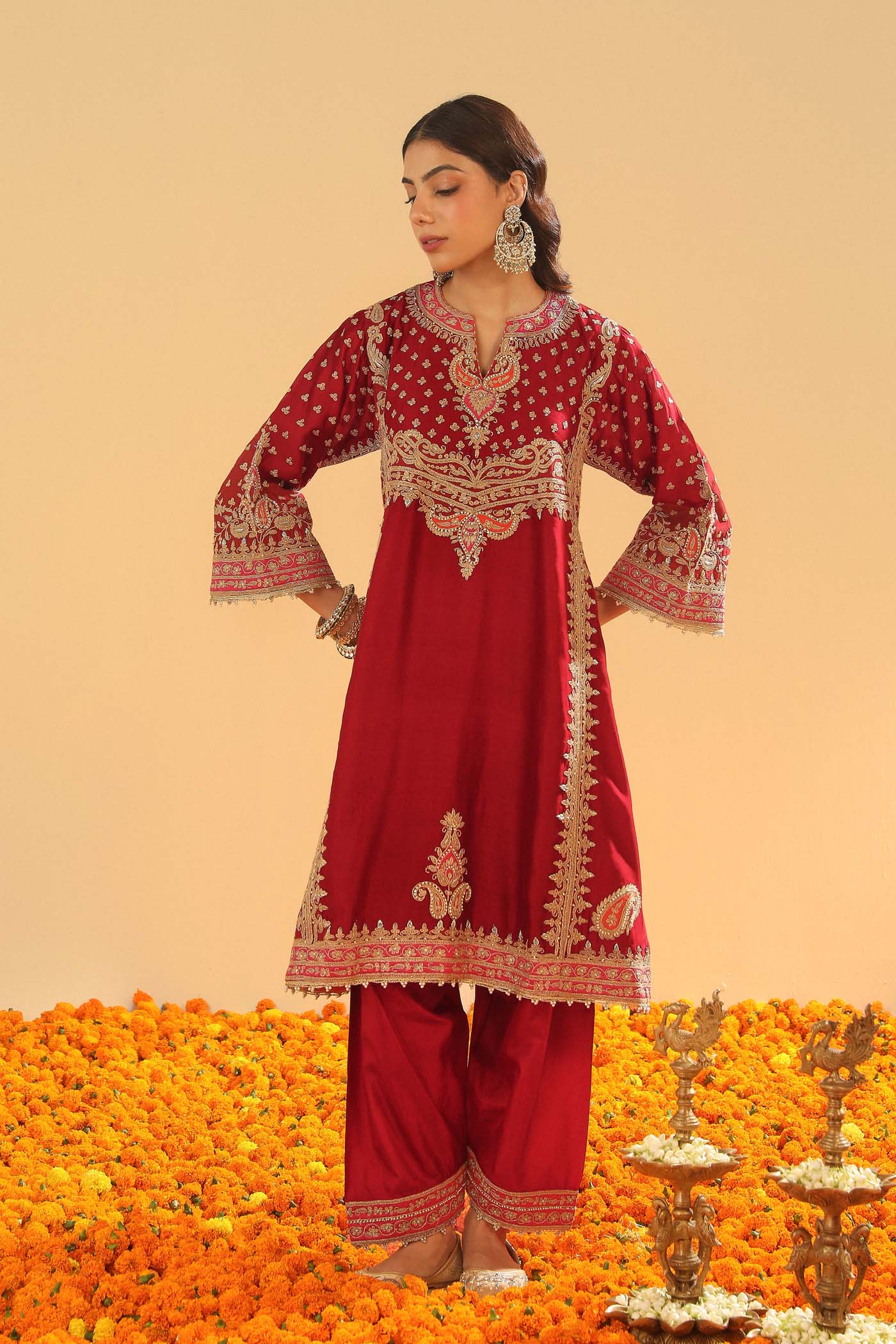 Shahzain - Deep Red Knee Length Kalidaar Chauga with Salwar - Image 4