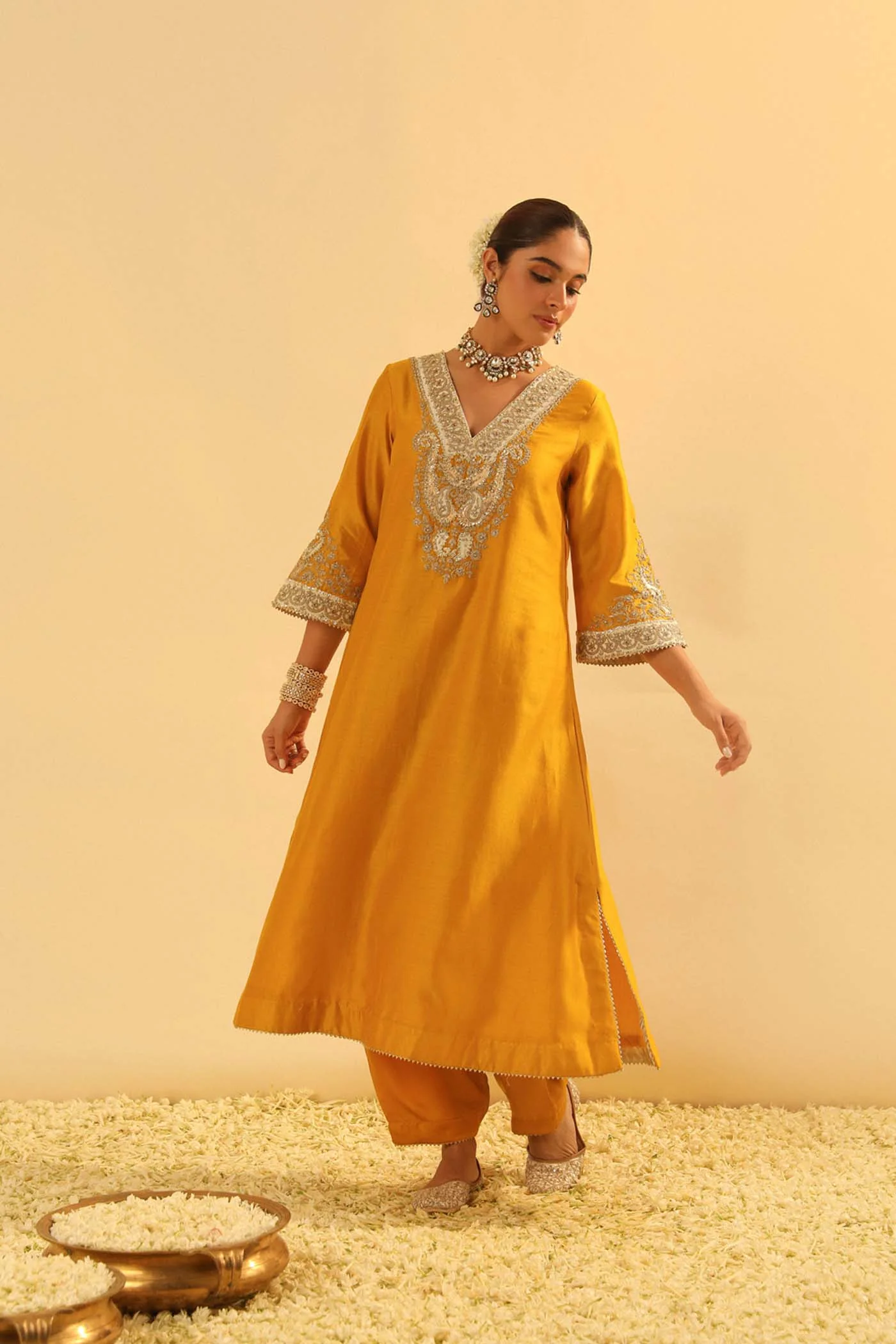 Shazana - Heirloom Mustard Long A-line Choga with Salwar - Image 2