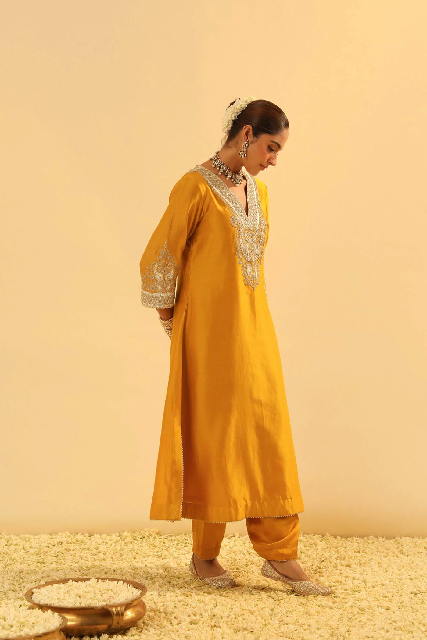 Shazana - Heirloom Mustard Long A-line Choga with Salwar - Image 3