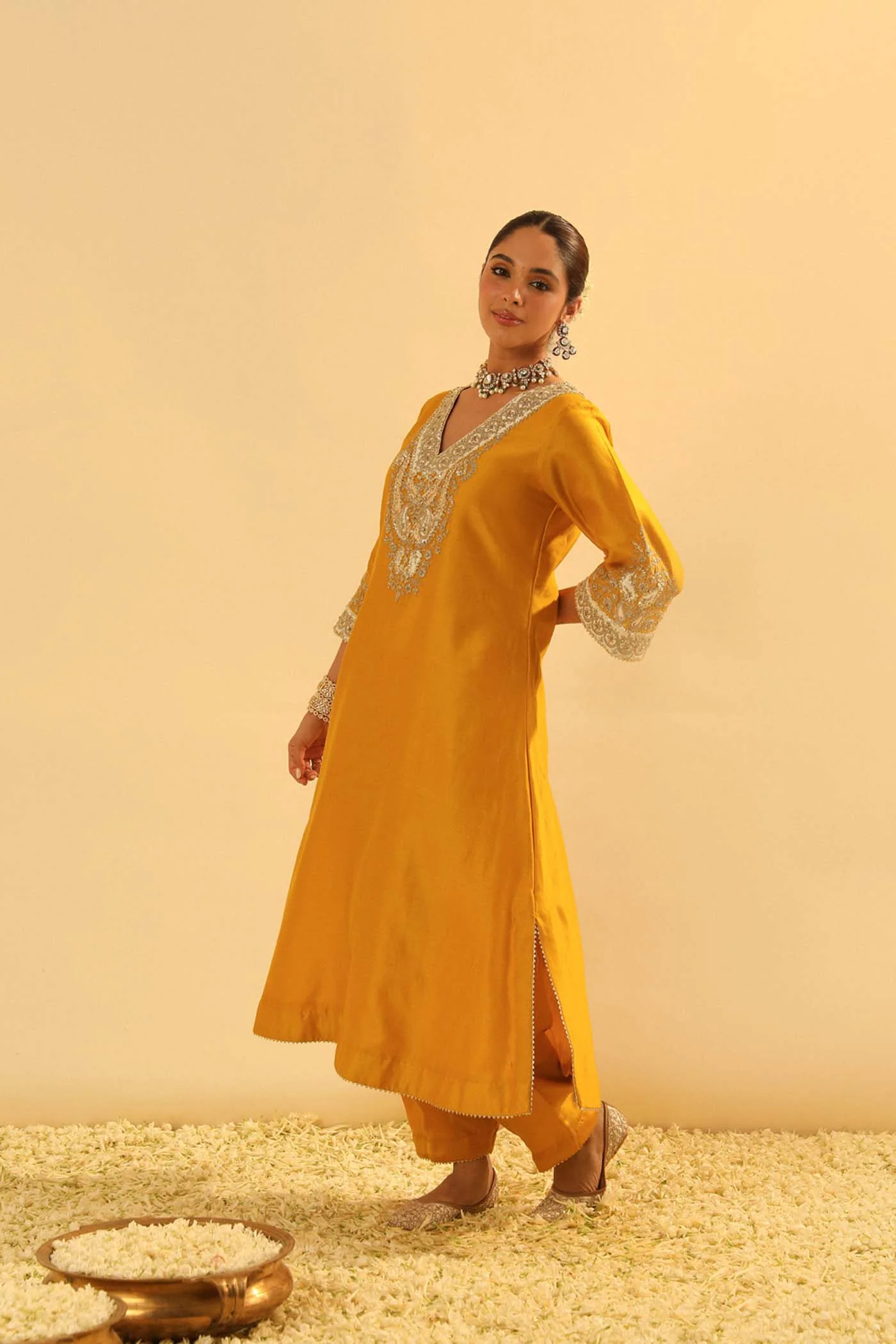 Shazana - Heirloom Mustard Long A-line Choga with Salwar - Image 4