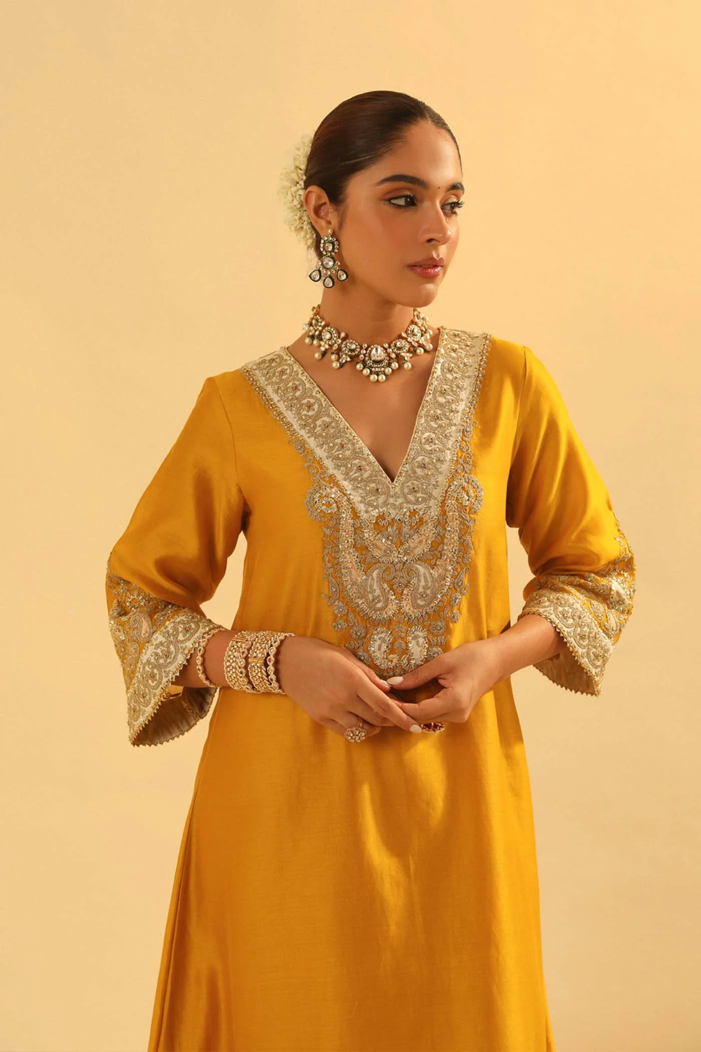 Shazana - Heirloom Mustard Long A-line Choga with Salwar - Image 5