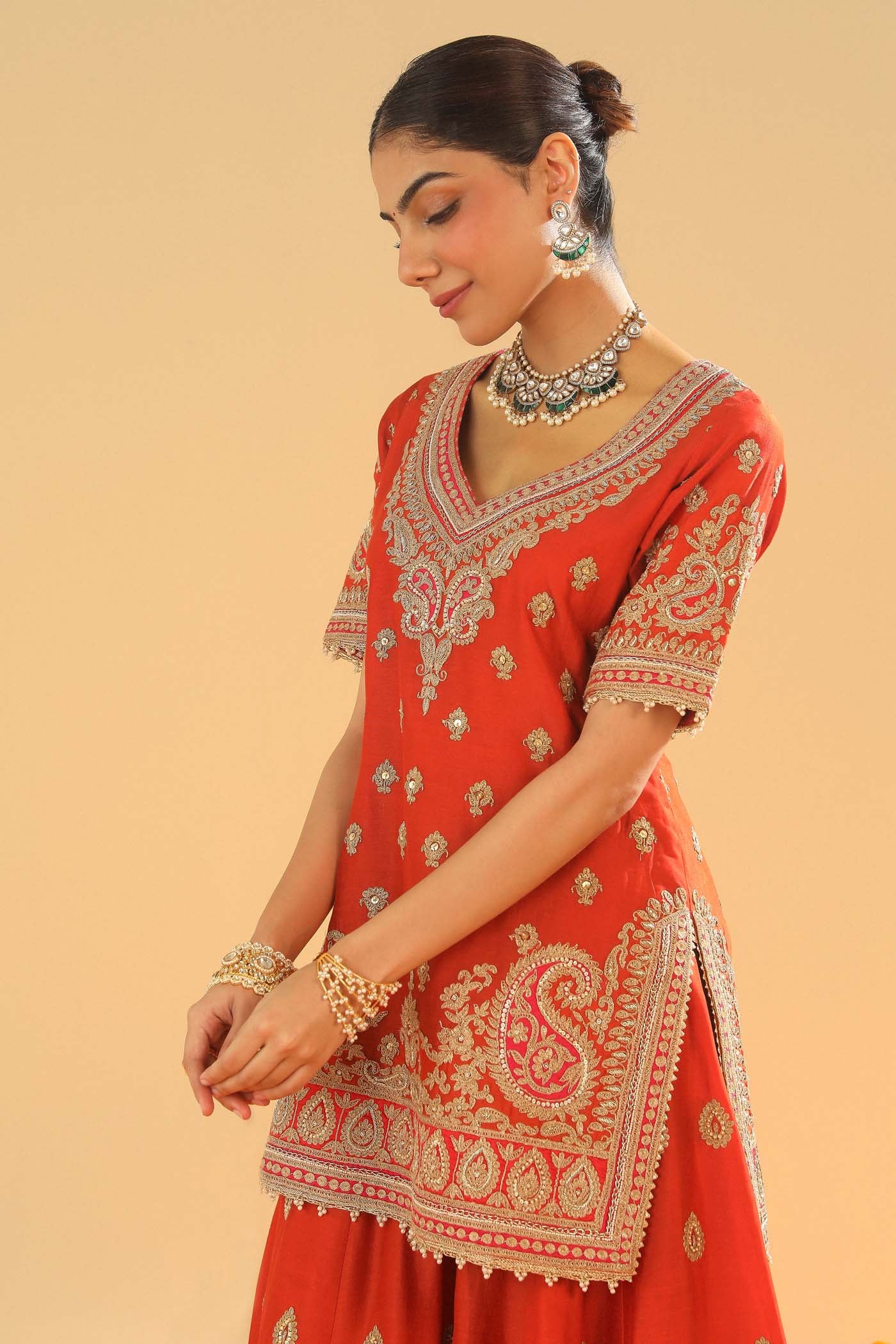 Shazfa - Burnt Orange Short Kurta with Sharara - Image 10