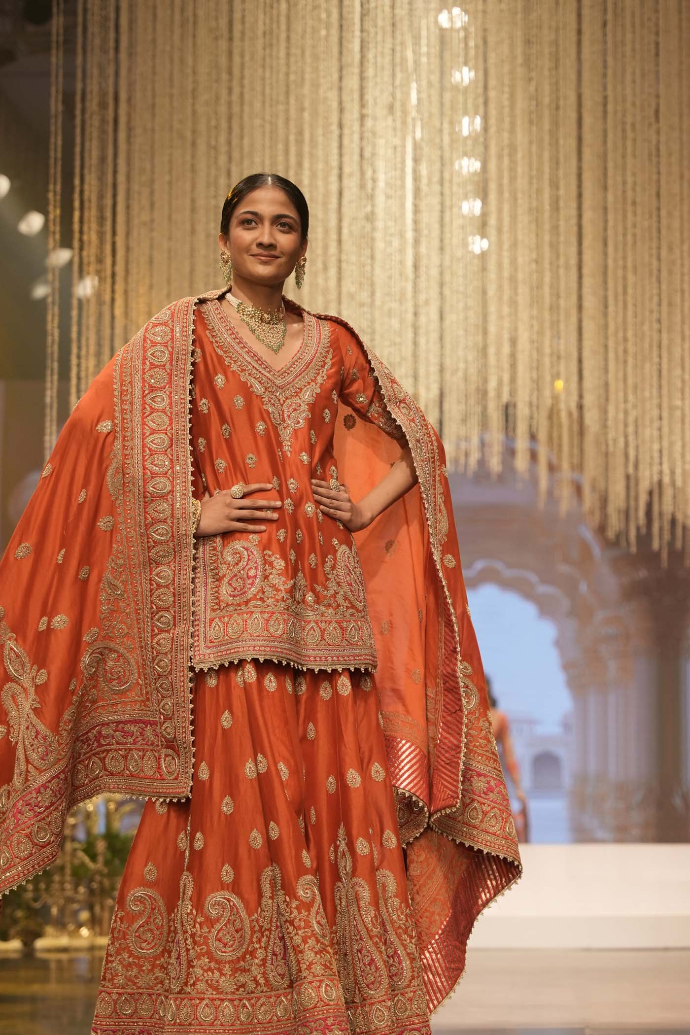 Shazfa - Burnt Orange Short Kurta with Sharara - Image 2