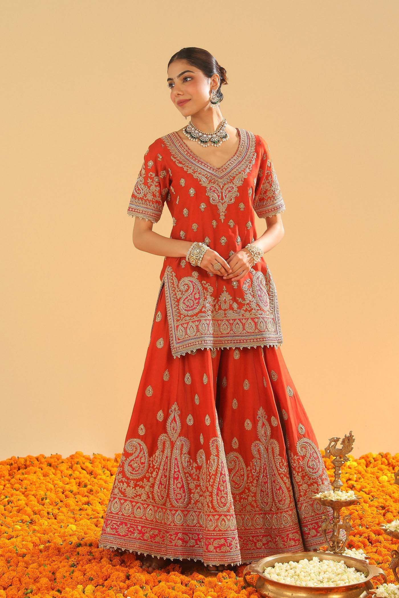 Shazfa - Burnt Orange Short Kurta with Sharara - Image 5