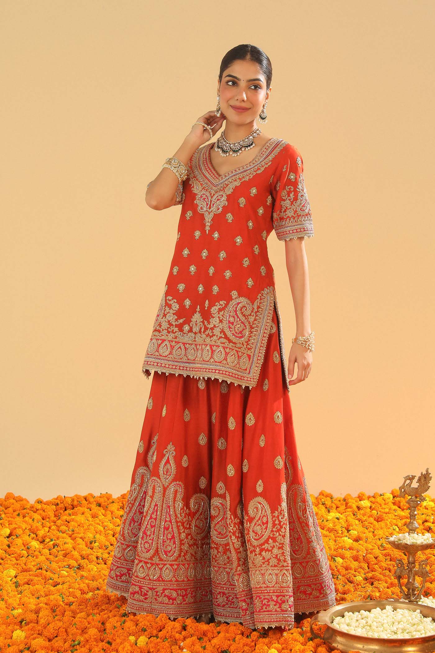 Shazfa - Burnt Orange Short Kurta with Sharara - Image 6
