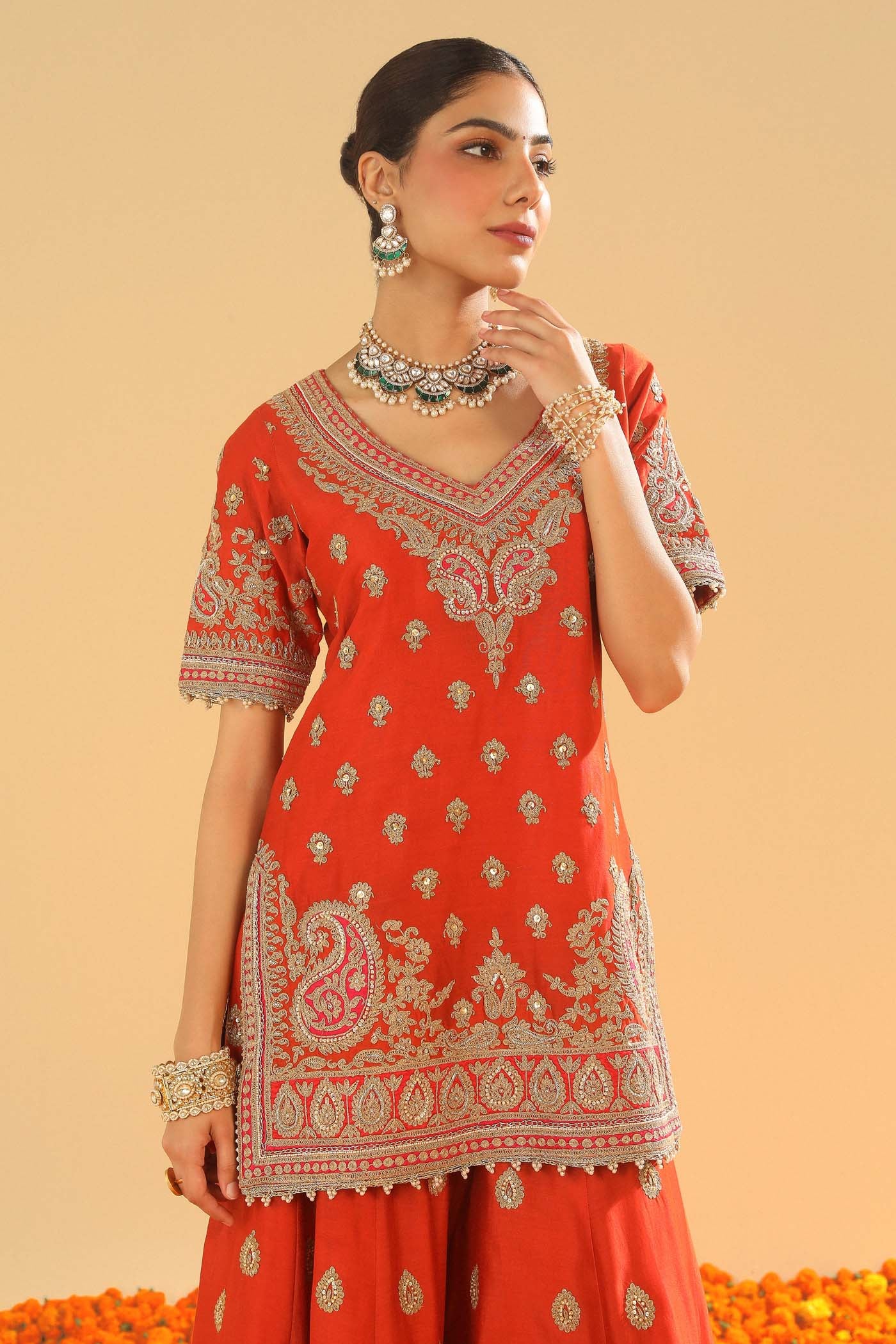 Shazfa - Burnt Orange Short Kurta with Sharara - Image 9