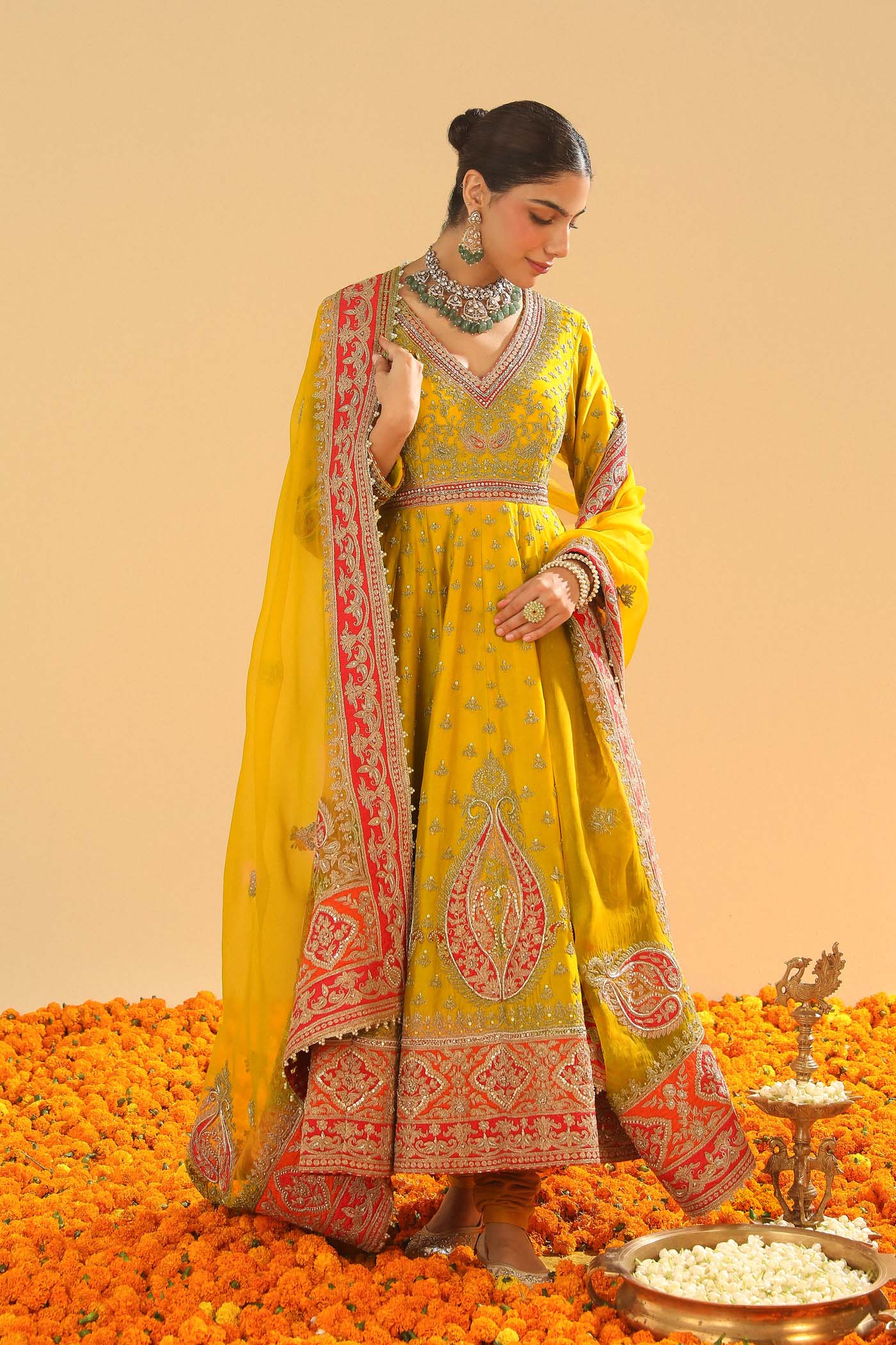 Shazia - Heirloom Mustard Anarkaali with Chooridaar - Image 8