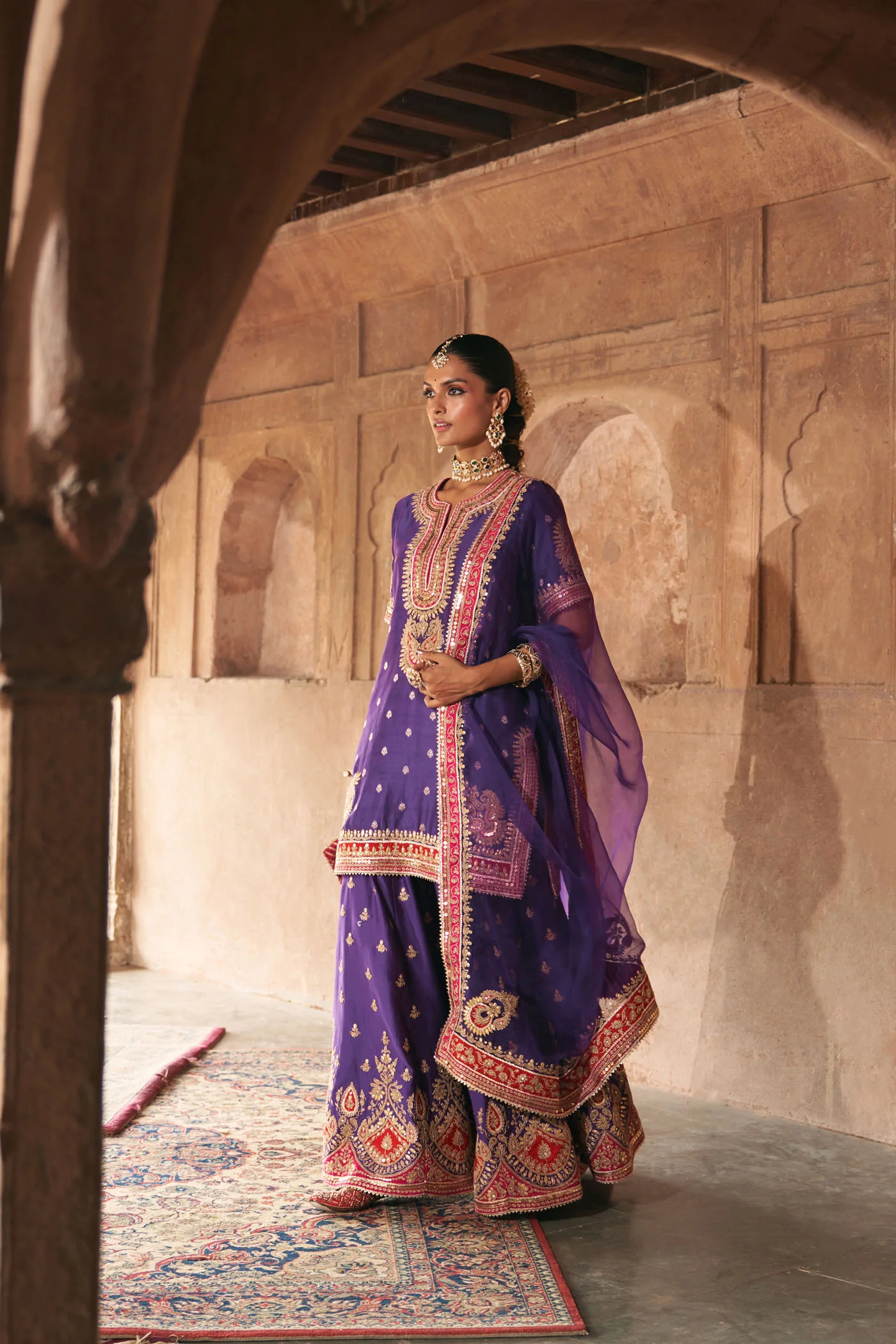 AREESHA - DEEP PURPLE SHORT KURTA WITH SHARARA AND DUPATTA - Image 2