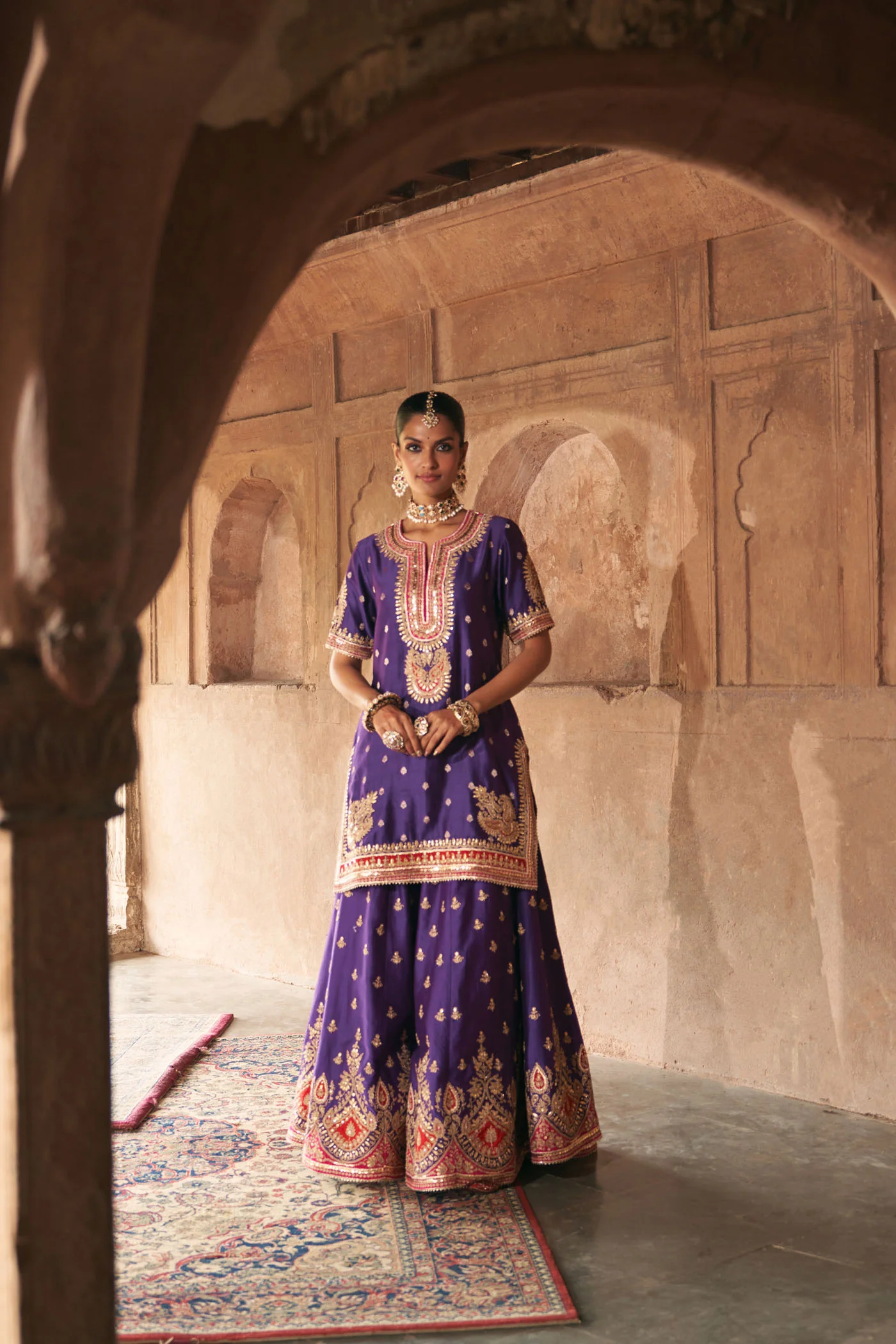 AREESHA - DEEP PURPLE SHORT KURTA WITH SHARARA AND DUPATTA - Image 3