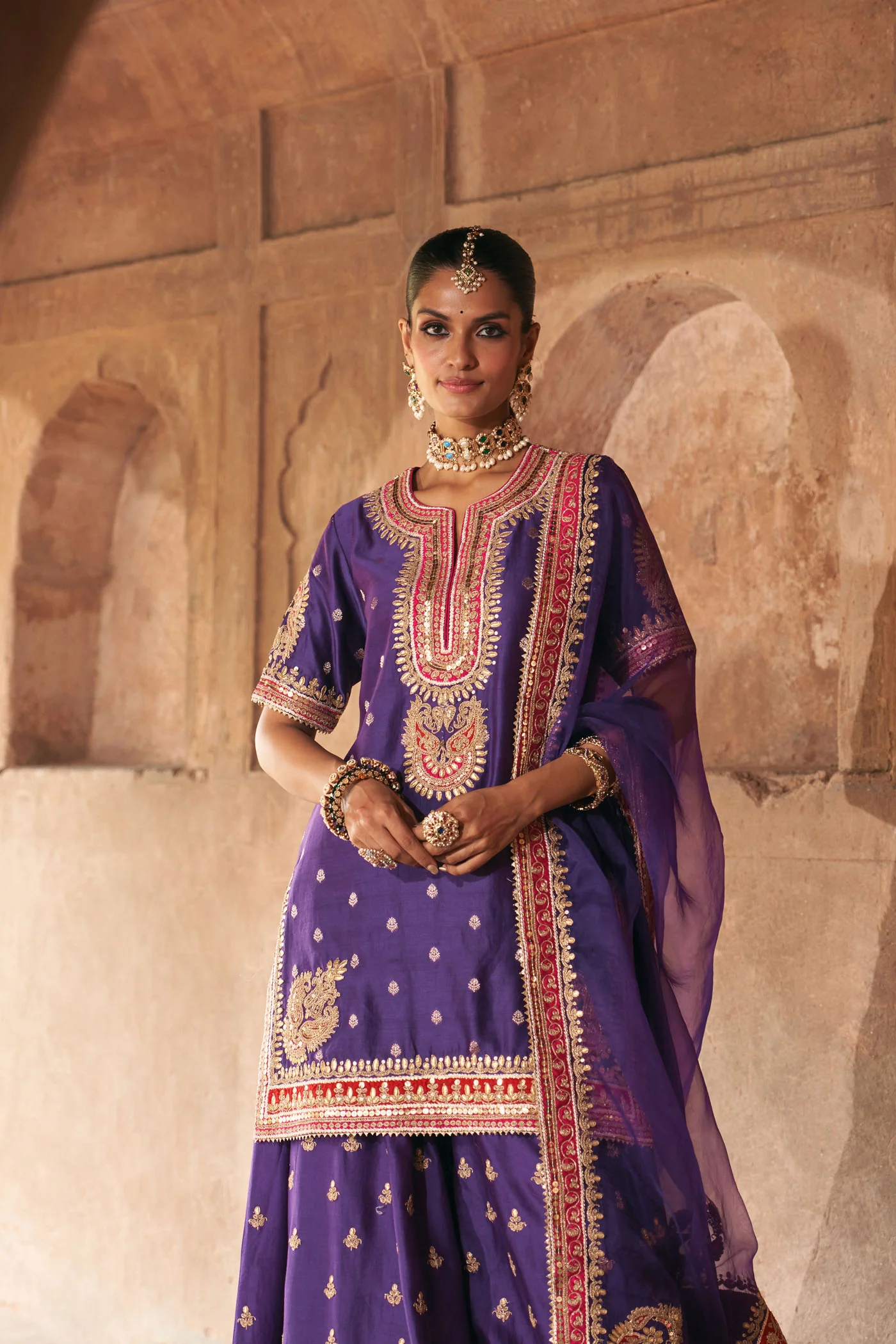AREESHA - DEEP PURPLE SHORT KURTA WITH SHARARA AND DUPATTA - Image 4