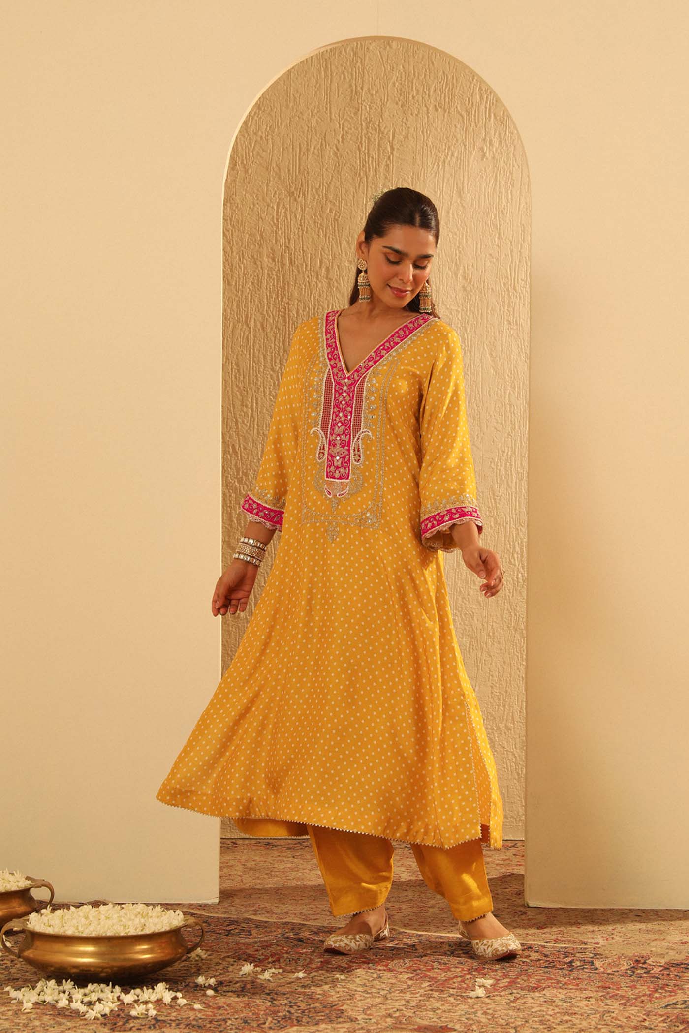 Siara - Heirloom Mustard Long A-line Choga with Salwar - Image 2
