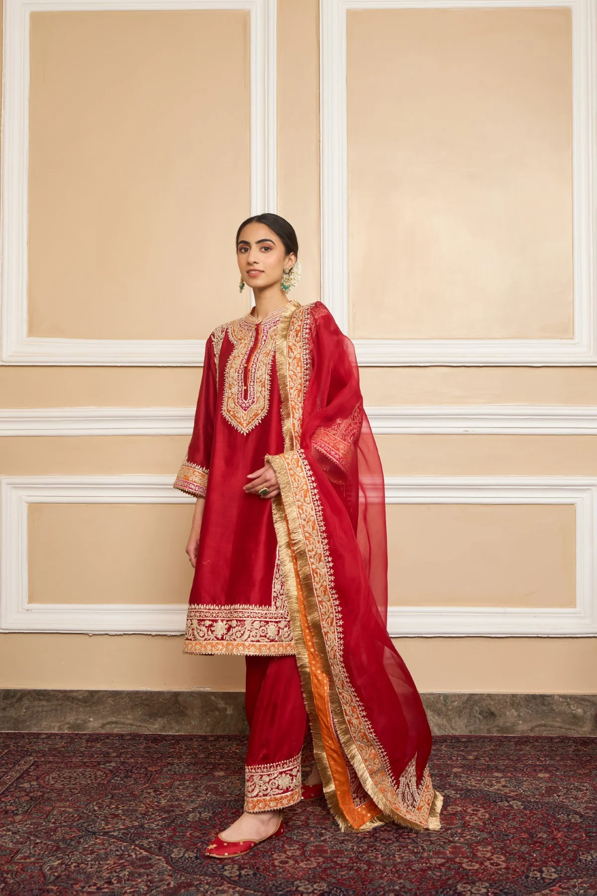 NAAYAAB - DEEP RED SHORT KURTA WITH SALWAR AND DUPATTA - Image 2