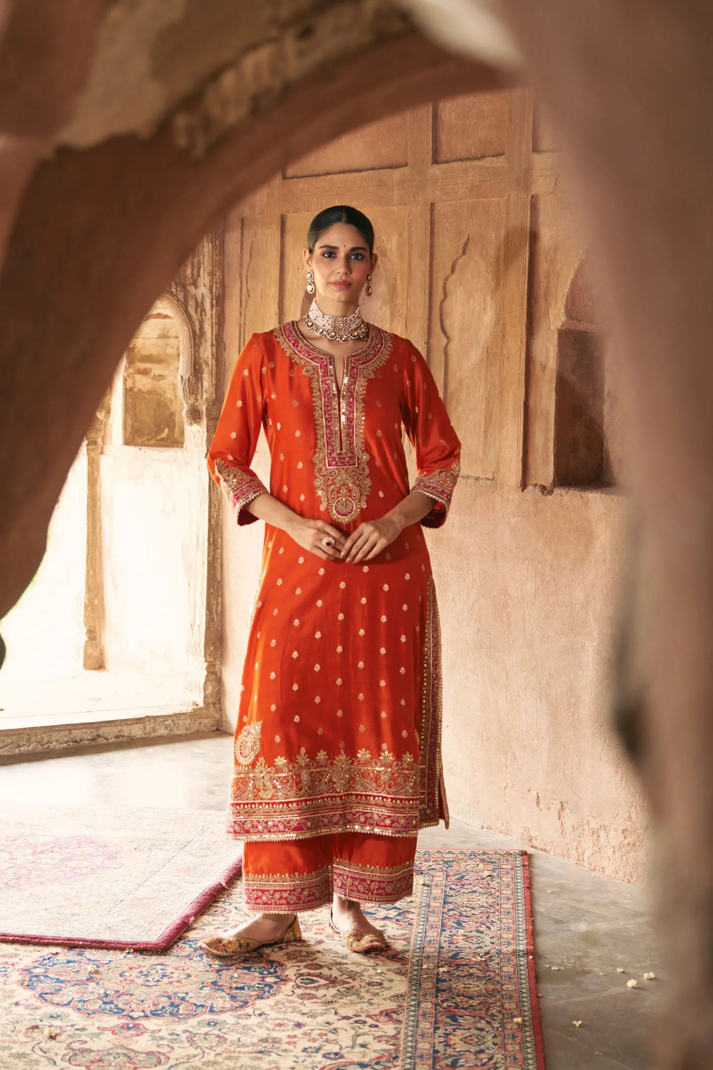 SOBIA - BURNT ORANGE LONG KURTA WITH PALAZZO AND DUPATTA (Lxrts) - Image 2
