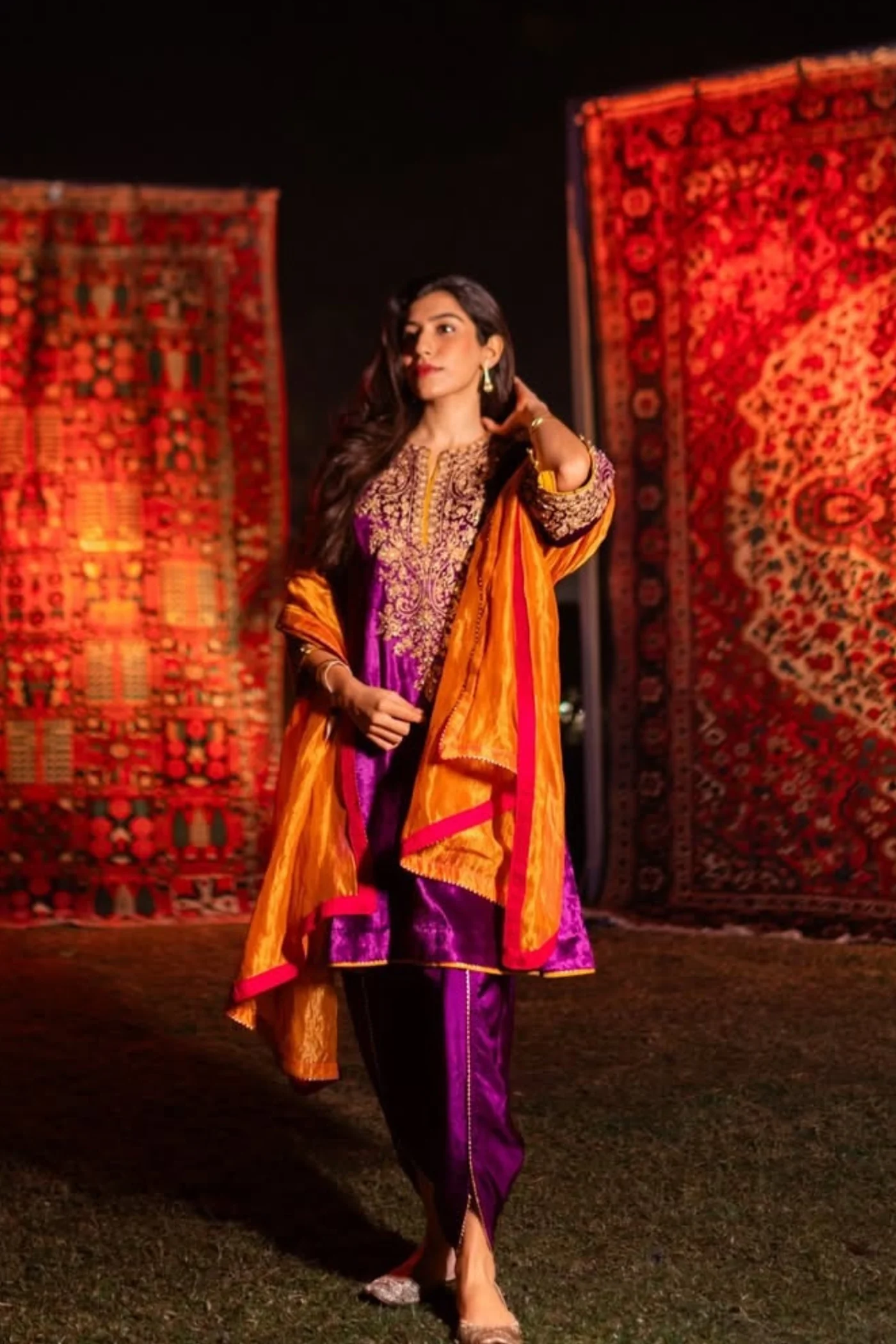 Suhana Nanda In Eira - Silk Velvet Deep Purple A-line Kurta with Dhoti - Image 3